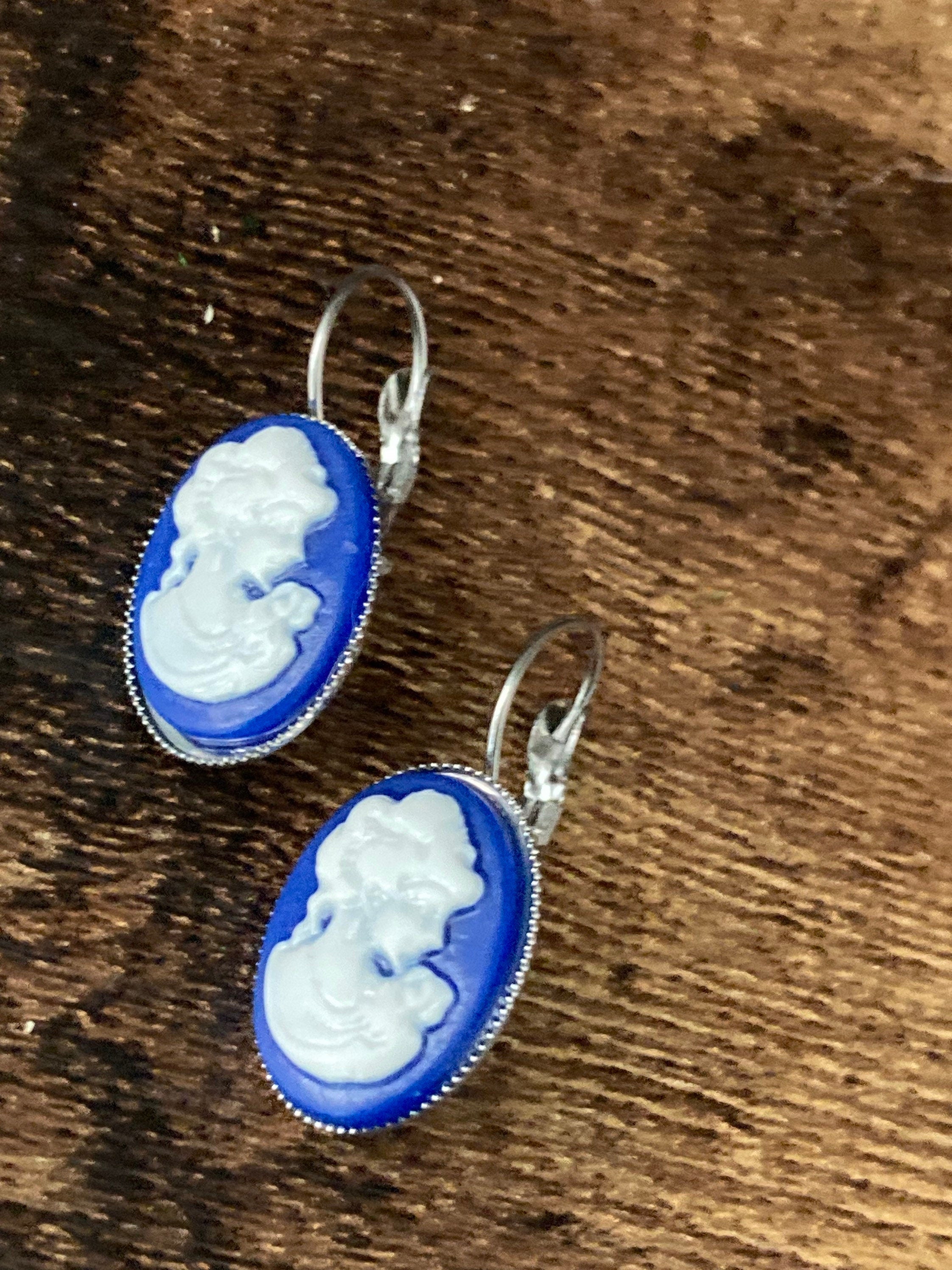 Silver plated oval blue cameo drop earrings pierced ears