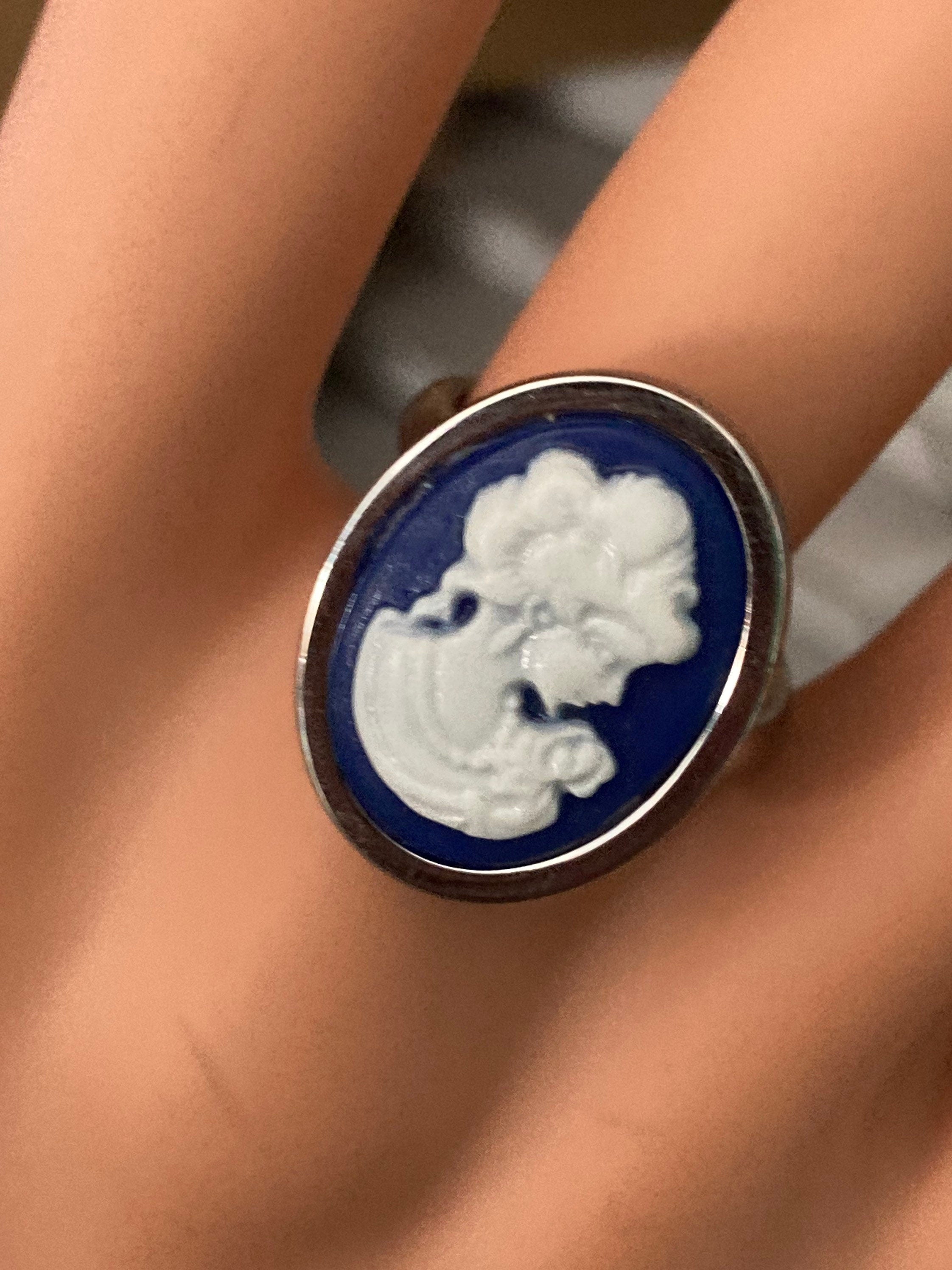 Silver plated oval blue cameo drop earrings pierced ears