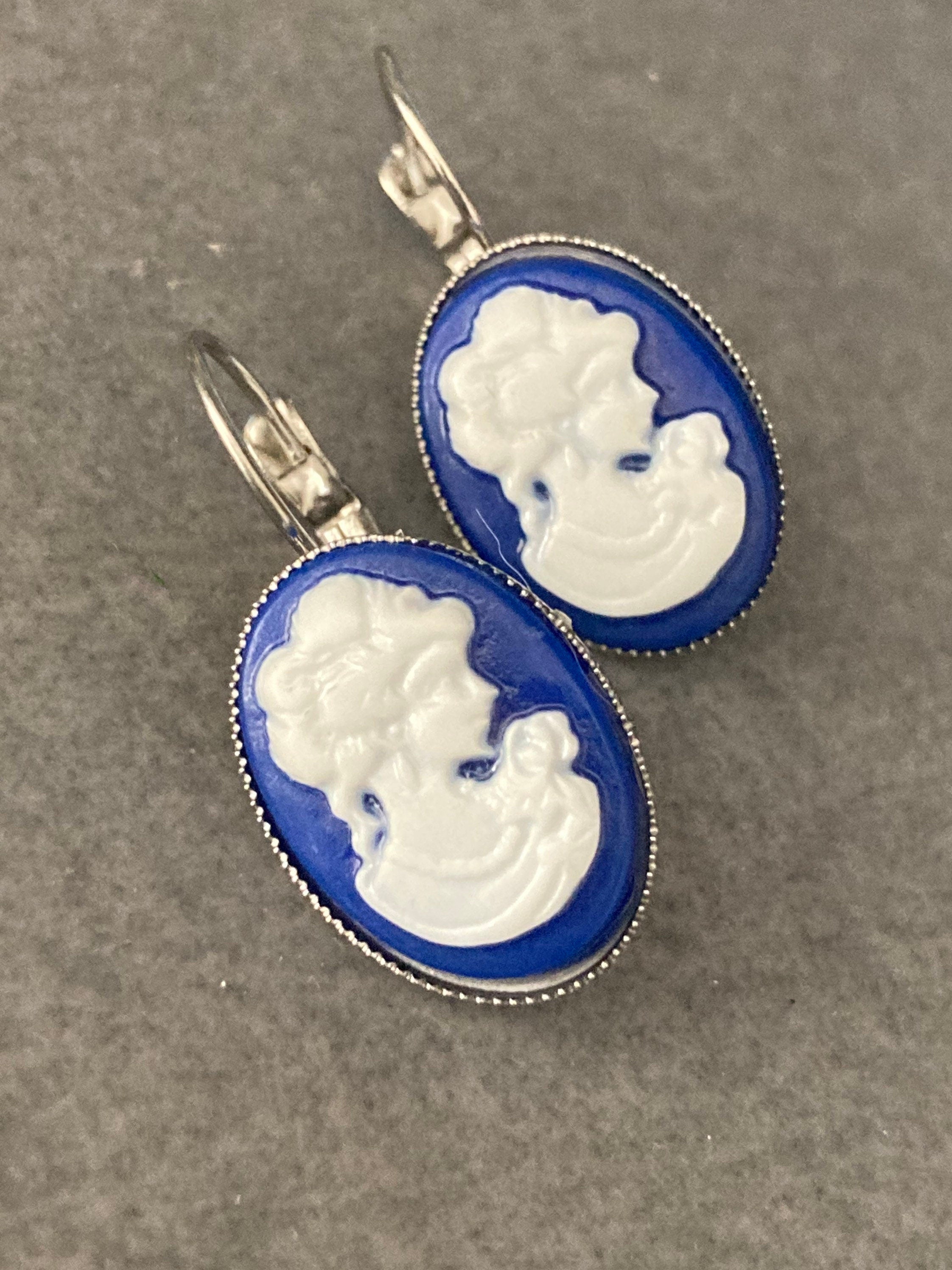 Silver plated oval blue cameo drop earrings pierced ears