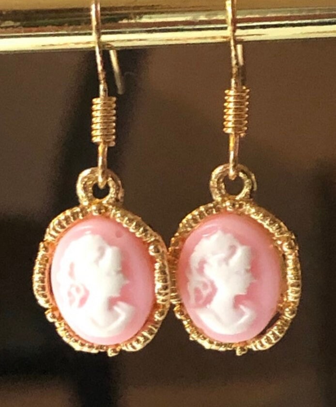 Silver plated oval blue cameo drop earrings pierced ears