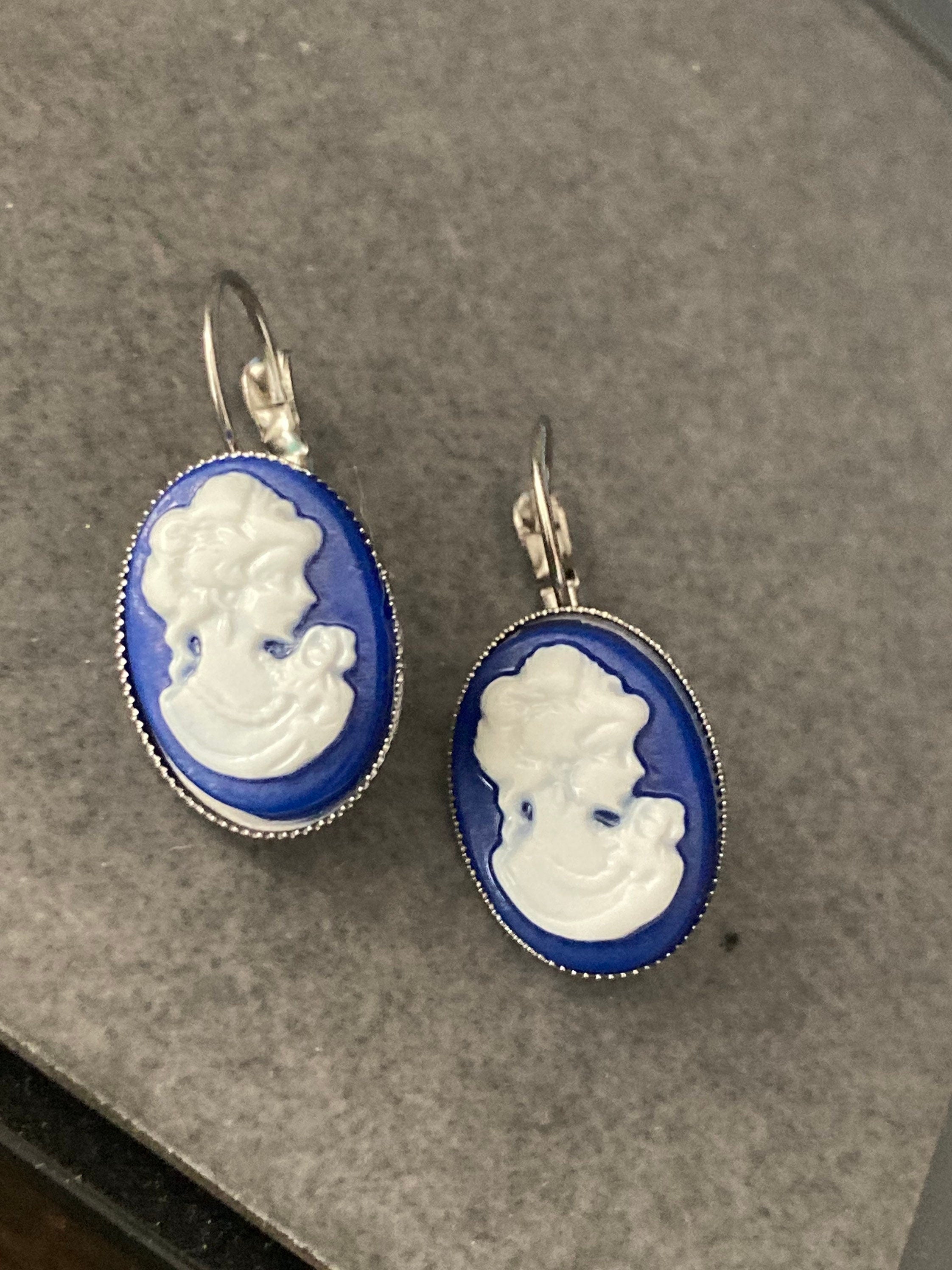 Silver plated oval blue cameo drop earrings pierced ears