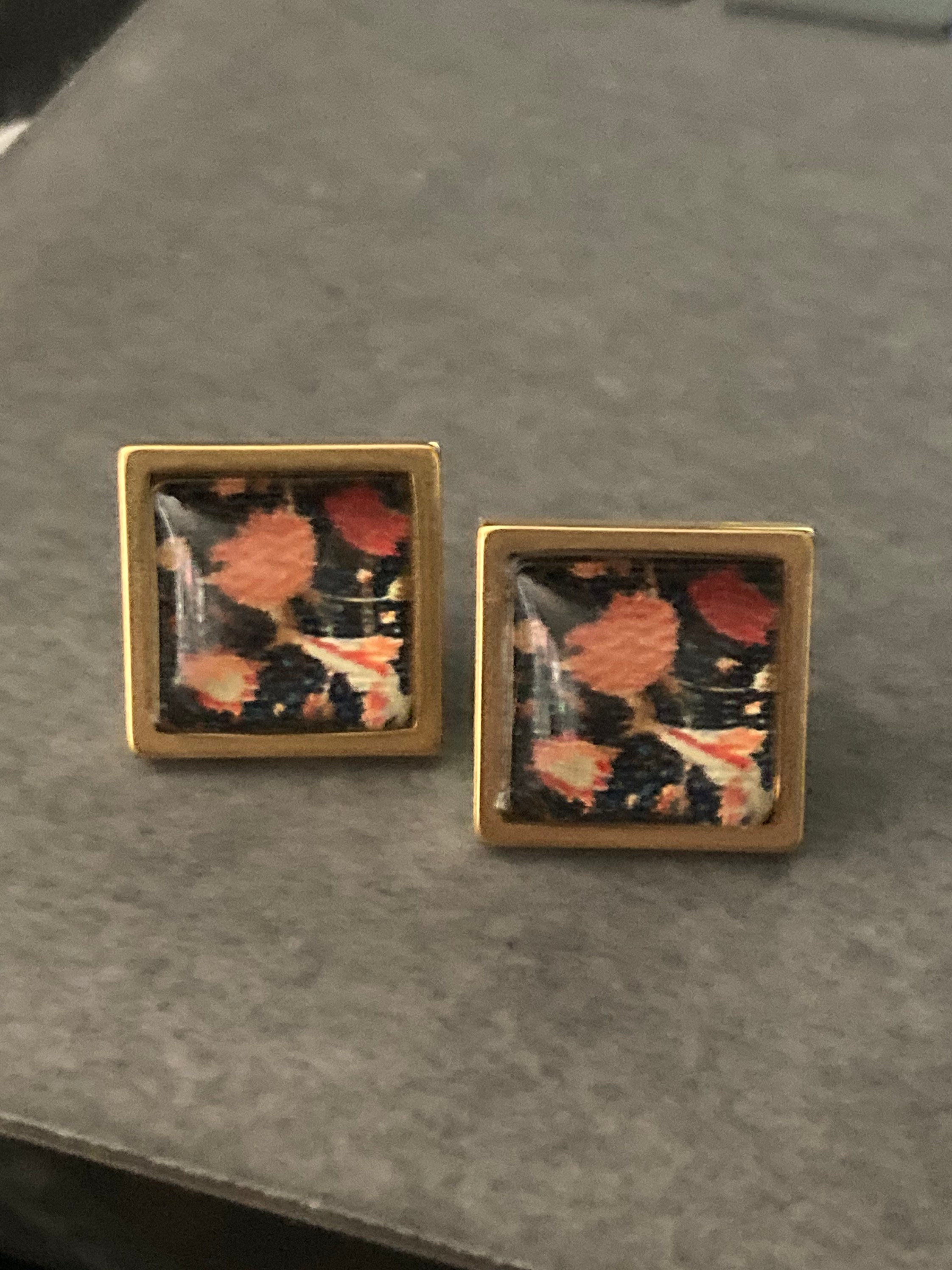 William Morris print floral tile stud earrings Handmade gold tone square glass tile