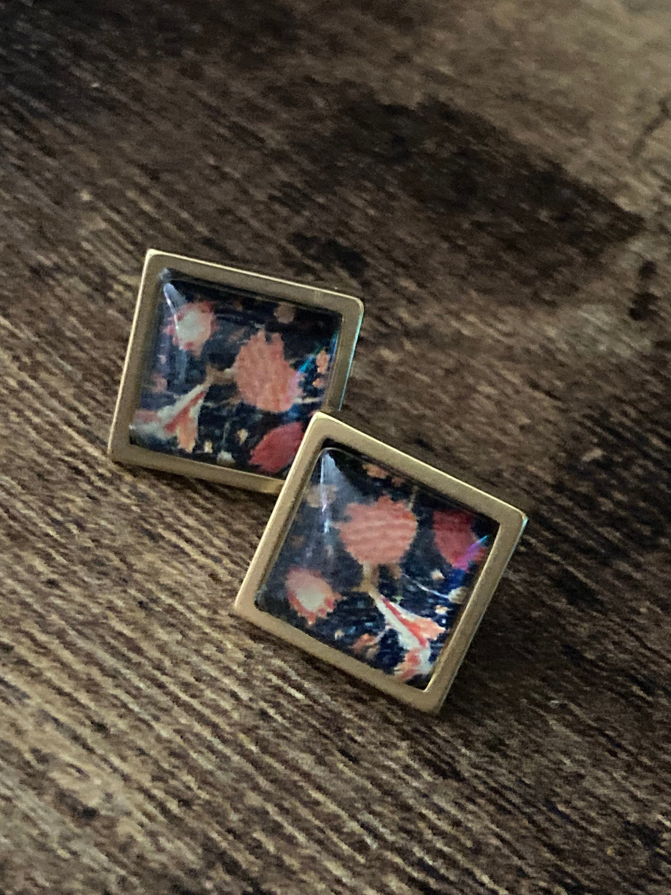 William Morris print floral tile stud earrings Handmade gold tone square glass tile
