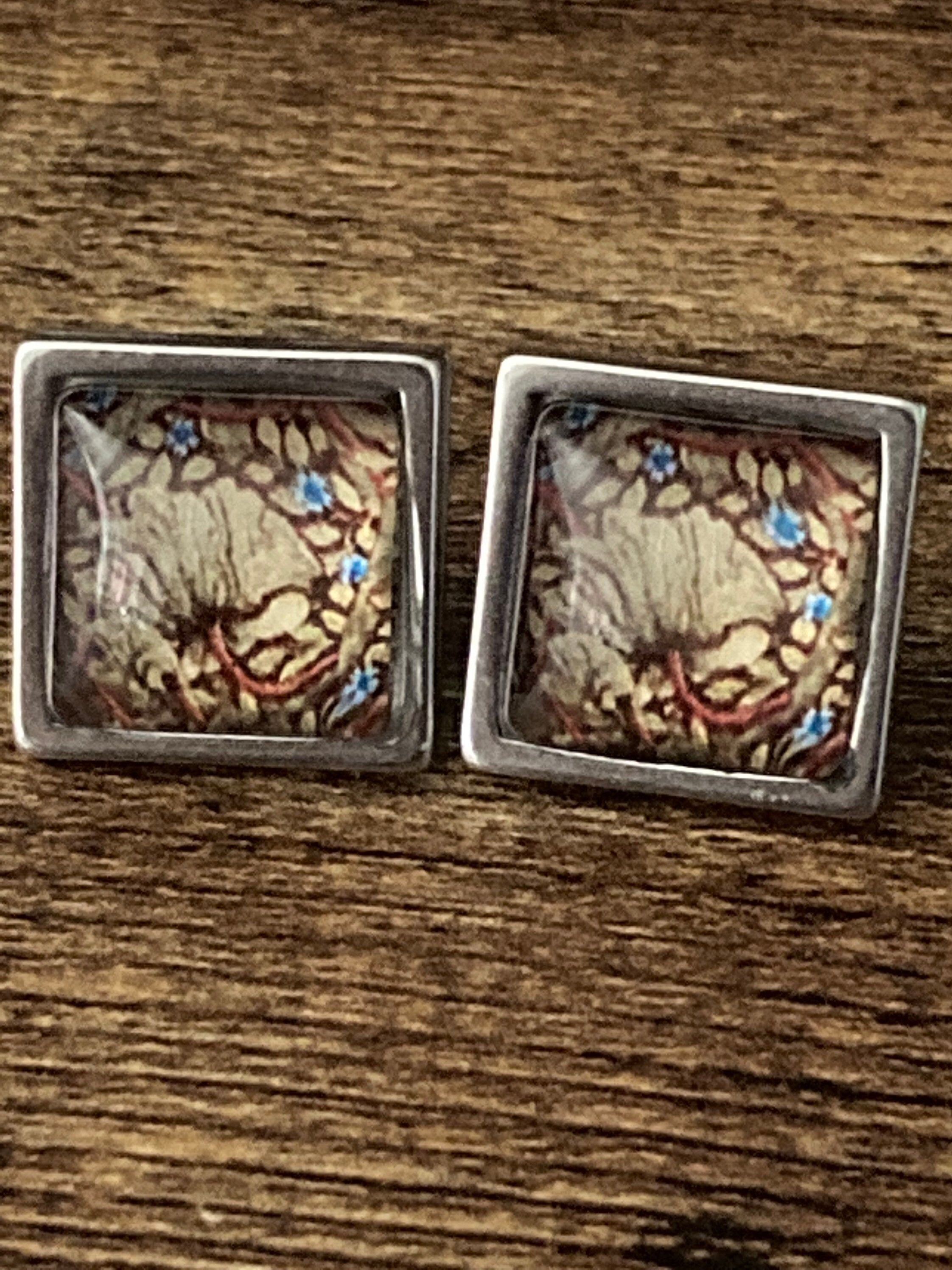 William Morris print glass stud earrings handmade stainless steel 1.5cm square