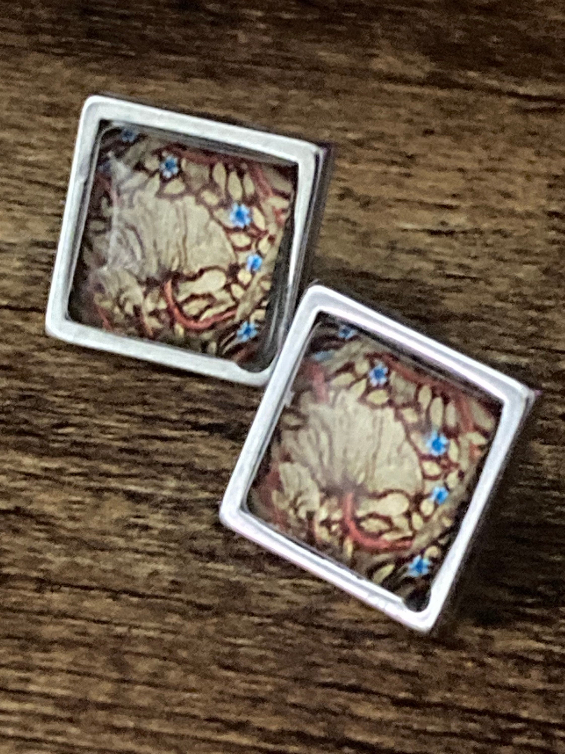 William Morris print glass stud earrings handmade stainless steel 1.5cm square