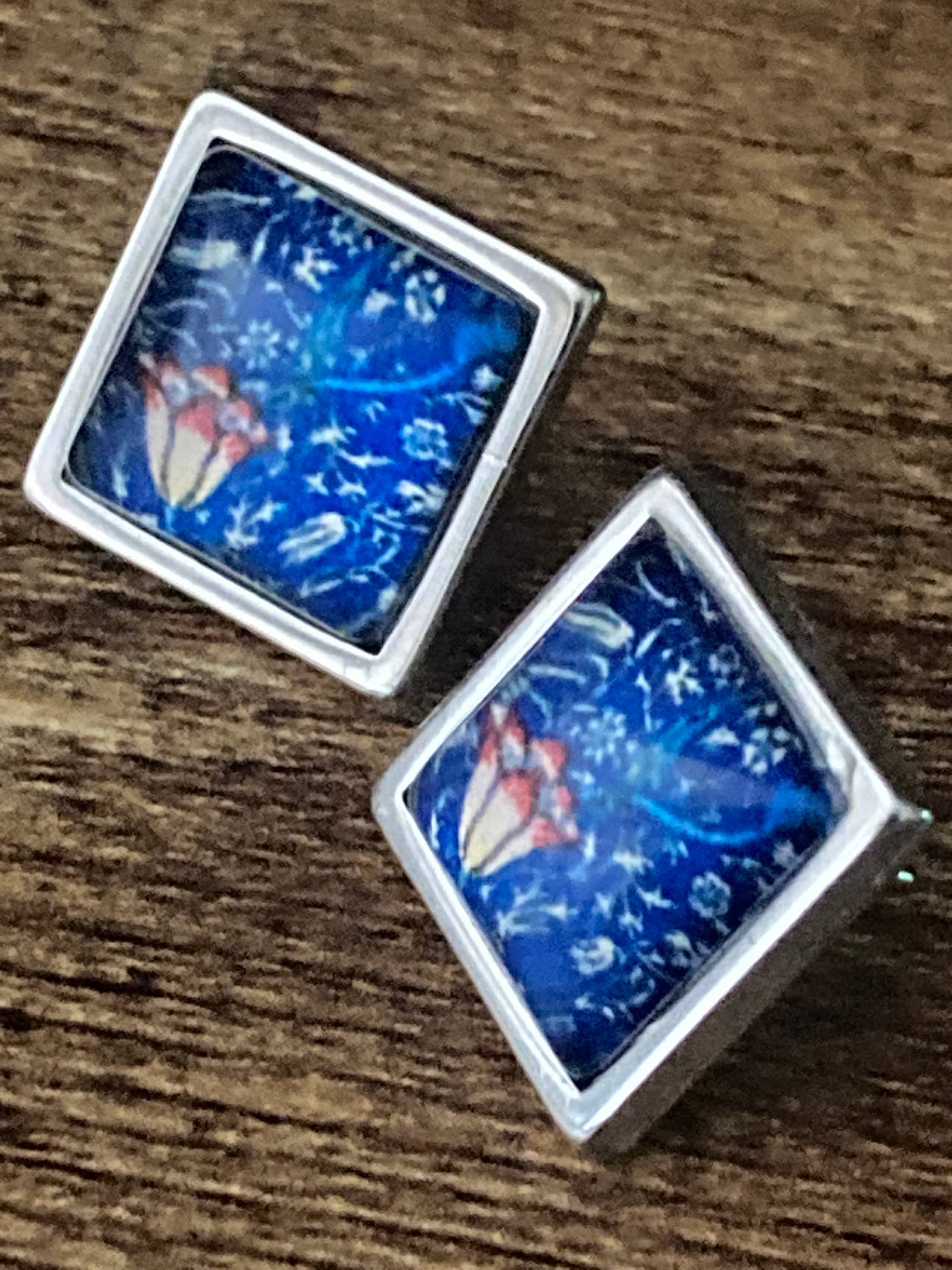William Morris tulip print glass stud earrings handmade stainless steel 1.5cm square