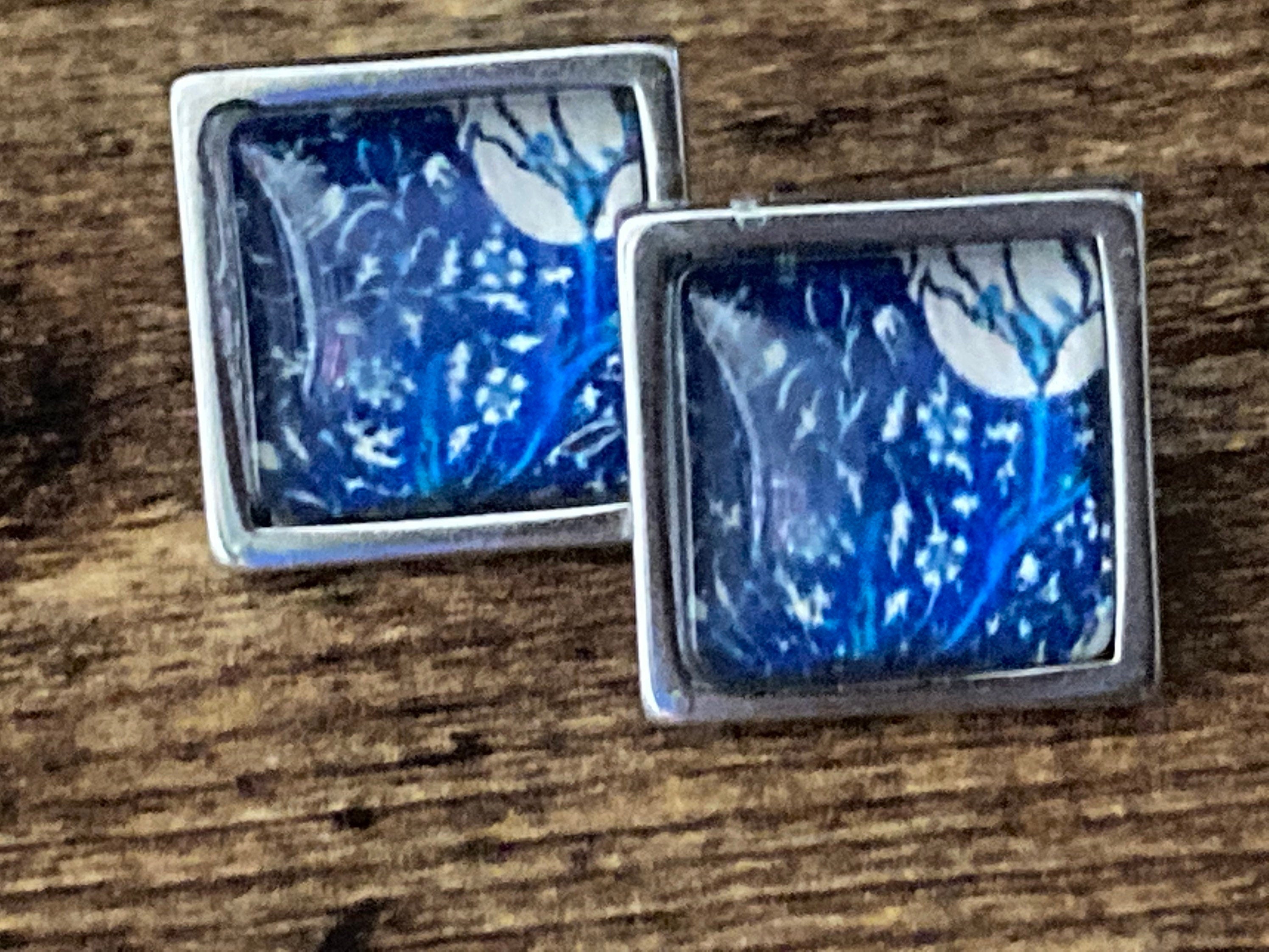 William Morris tulip print glass stud cabochon earrings stainless steel 1.5cm square