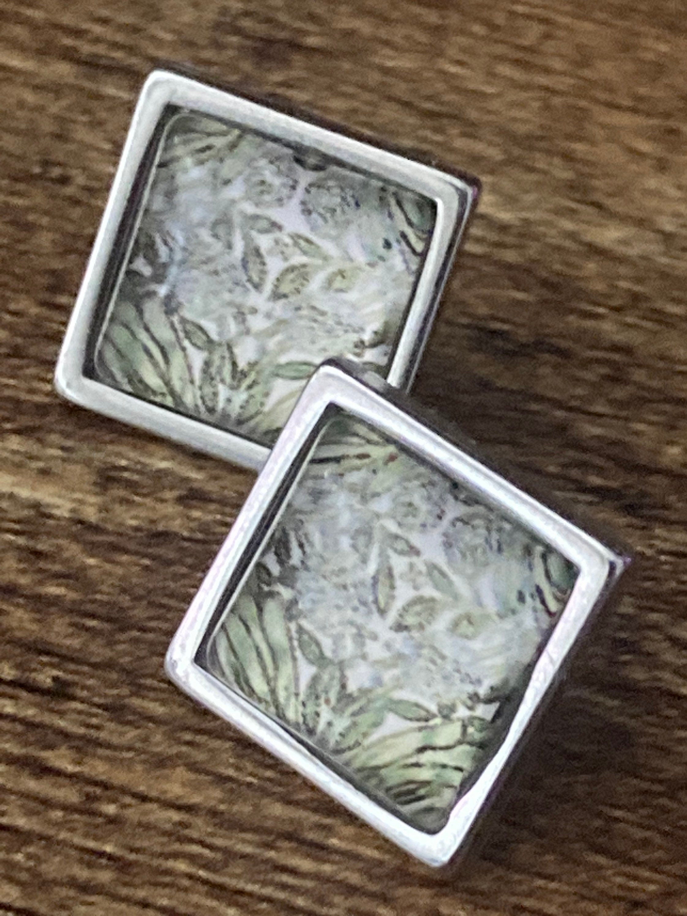 William Morris print glass stud cabochon earrings handmade stainless steel 1.5cm square