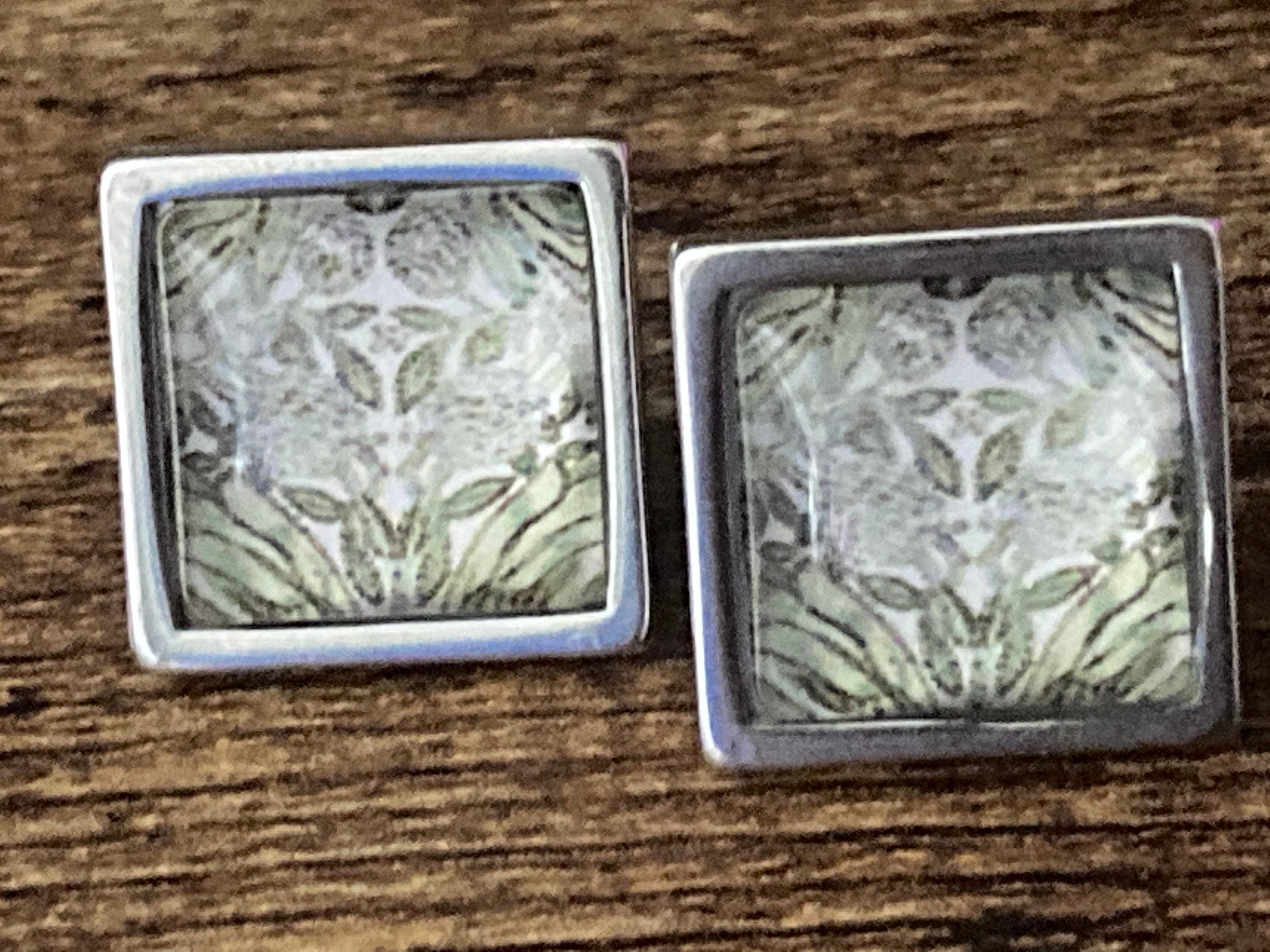 William Morris print glass stud cabochon earrings handmade stainless steel 1.5cm square