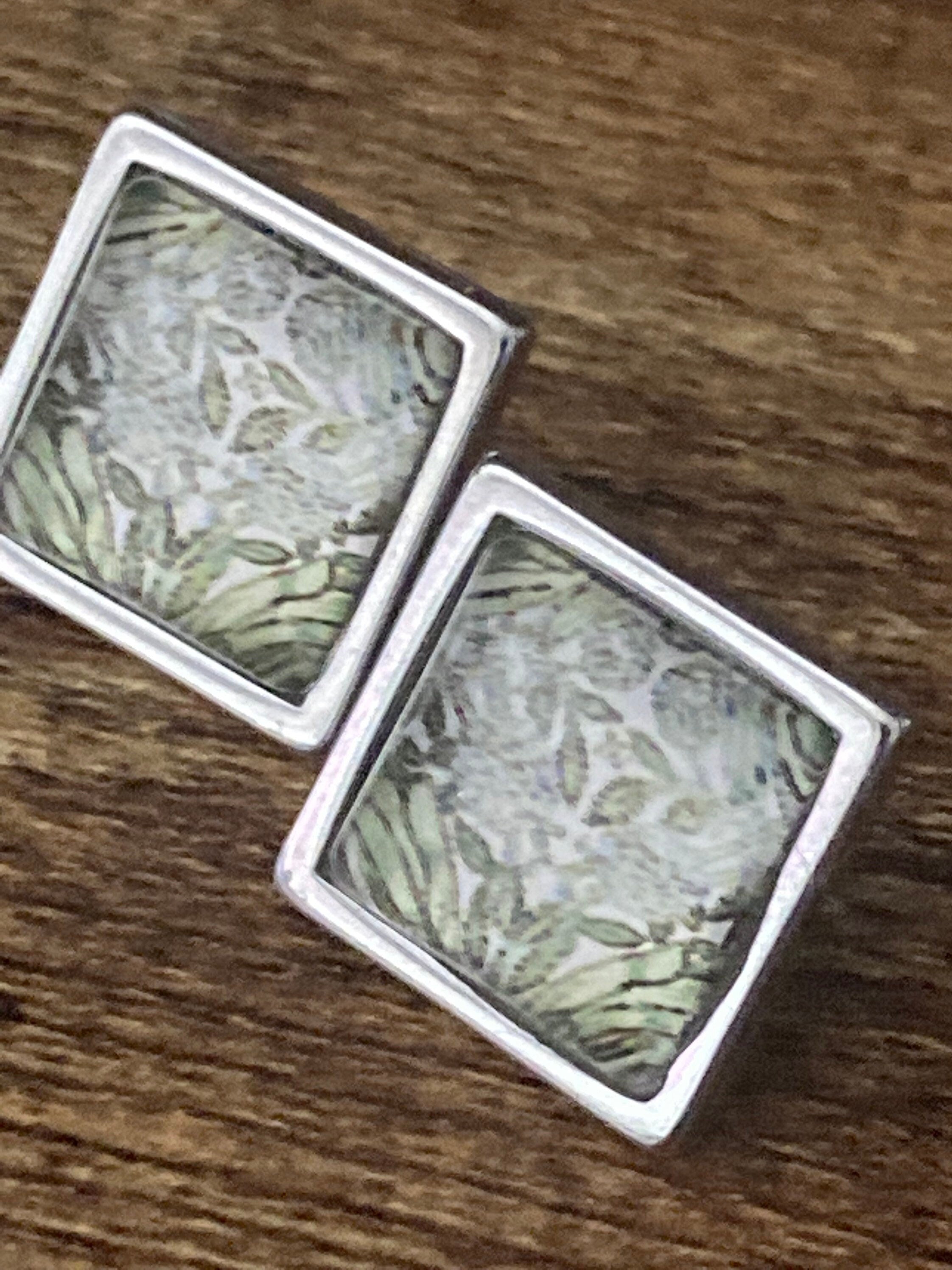William Morris print glass stud cabochon earrings handmade stainless steel 1.5cm square