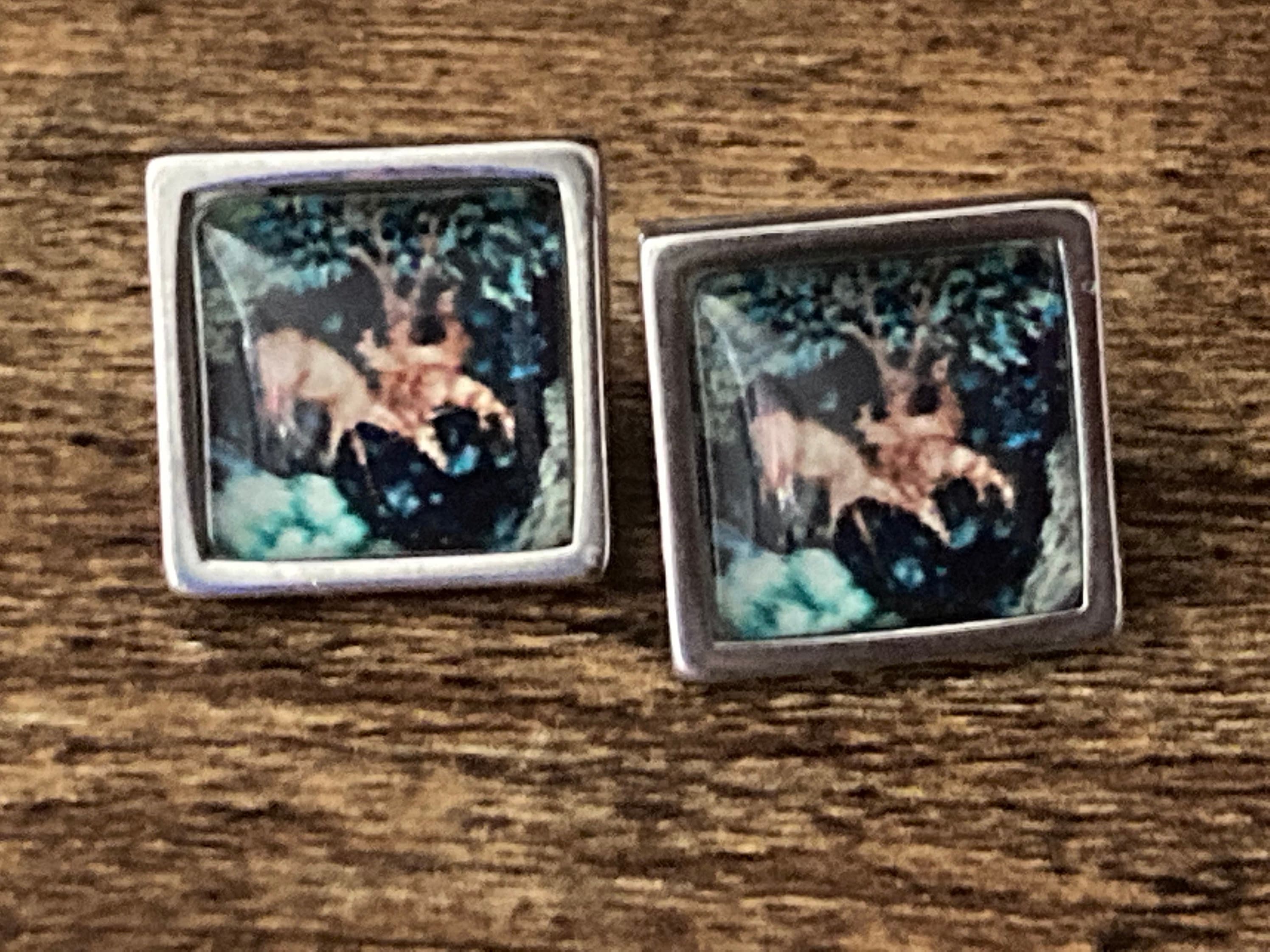 William Morris print glass stud cabochon earrings handmade woodland deer stainless steel 1.5cm square