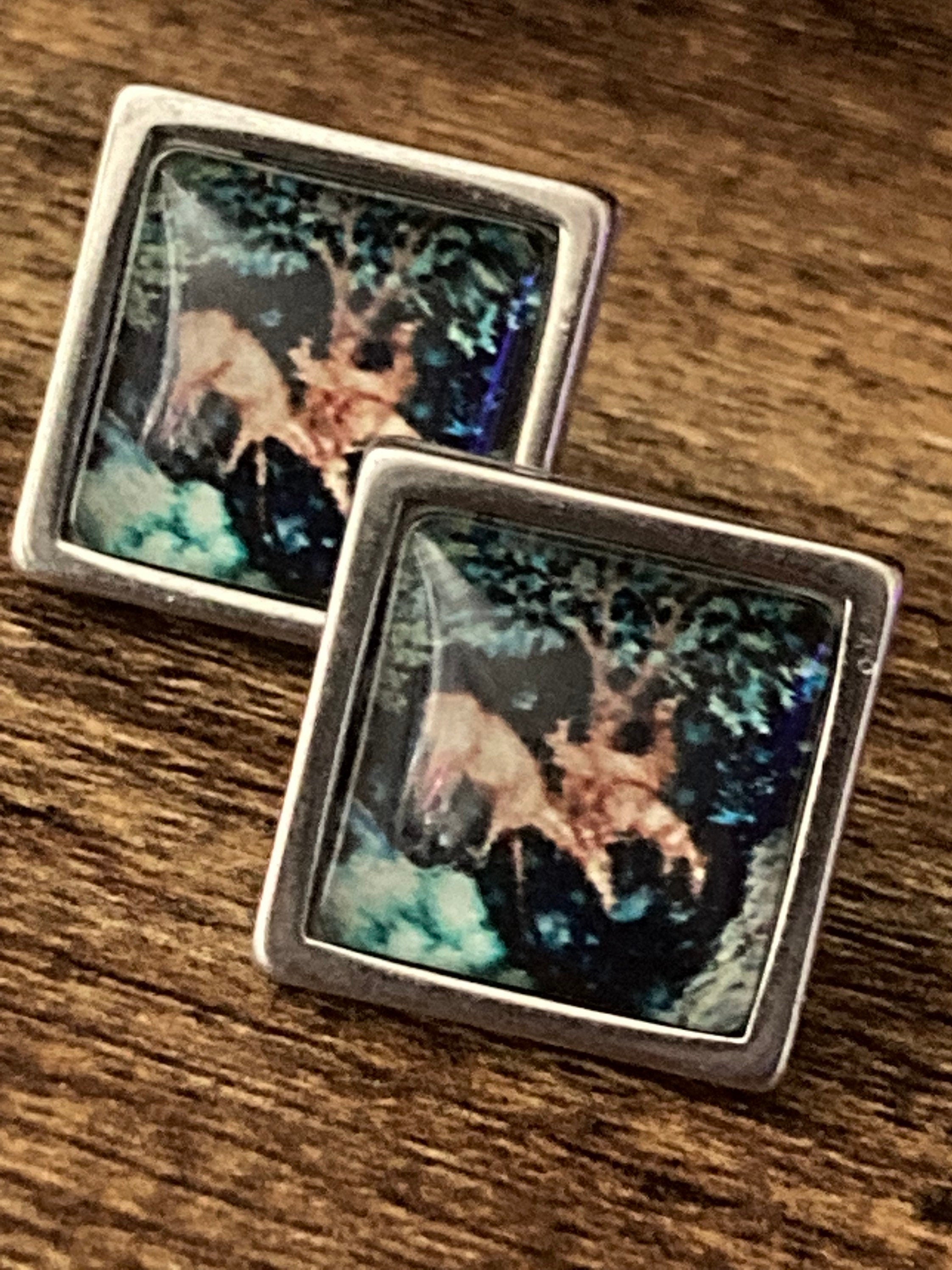 William Morris print glass stud cabochon earrings handmade woodland deer stainless steel 1.5cm square