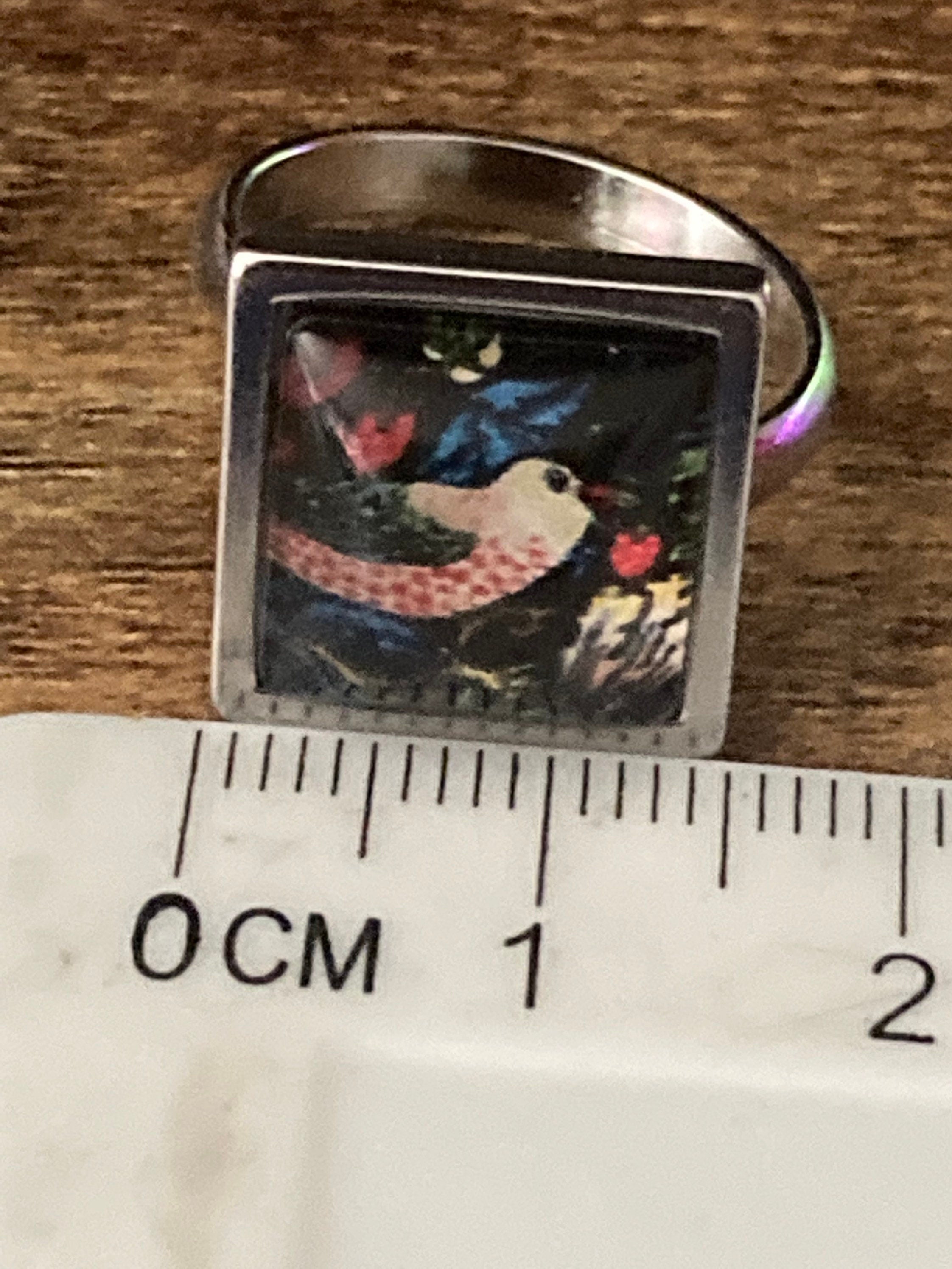 Strawberry thief ring stainless steel art nouveau glass cabochon adjustable