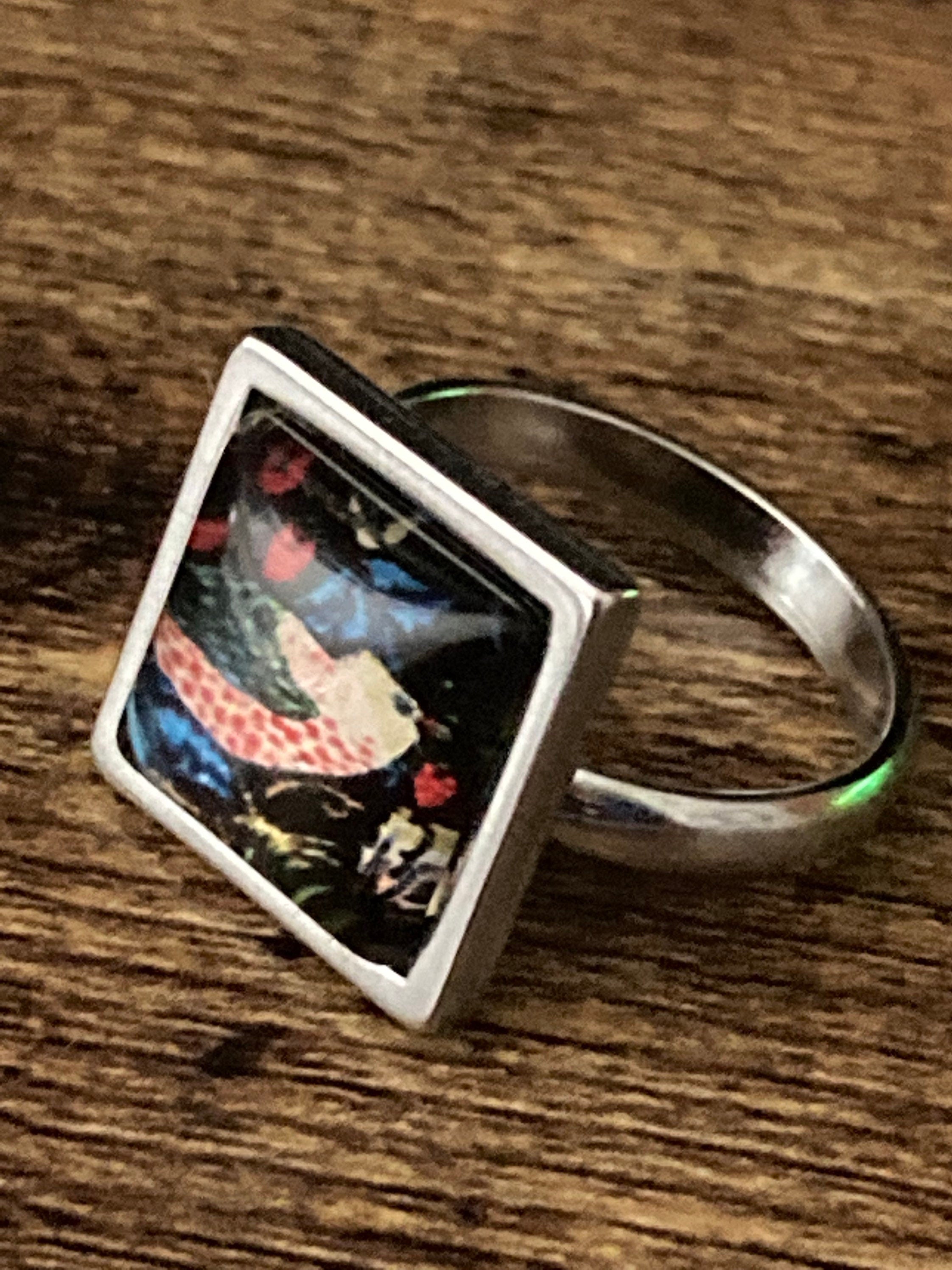Strawberry thief ring stainless steel art nouveau glass cabochon adjustable
