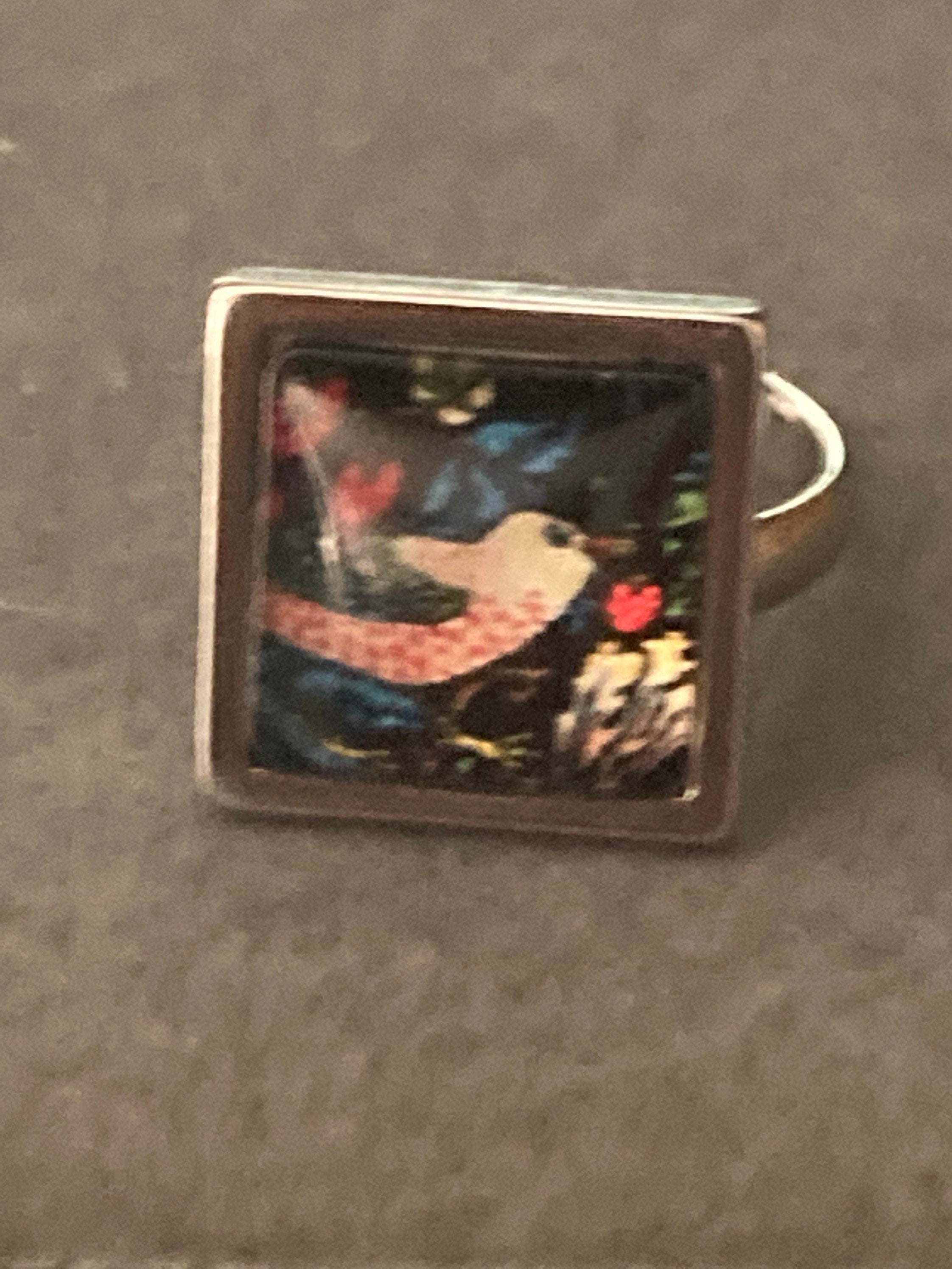 Strawberry thief ring stainless steel art nouveau glass cabochon adjustable