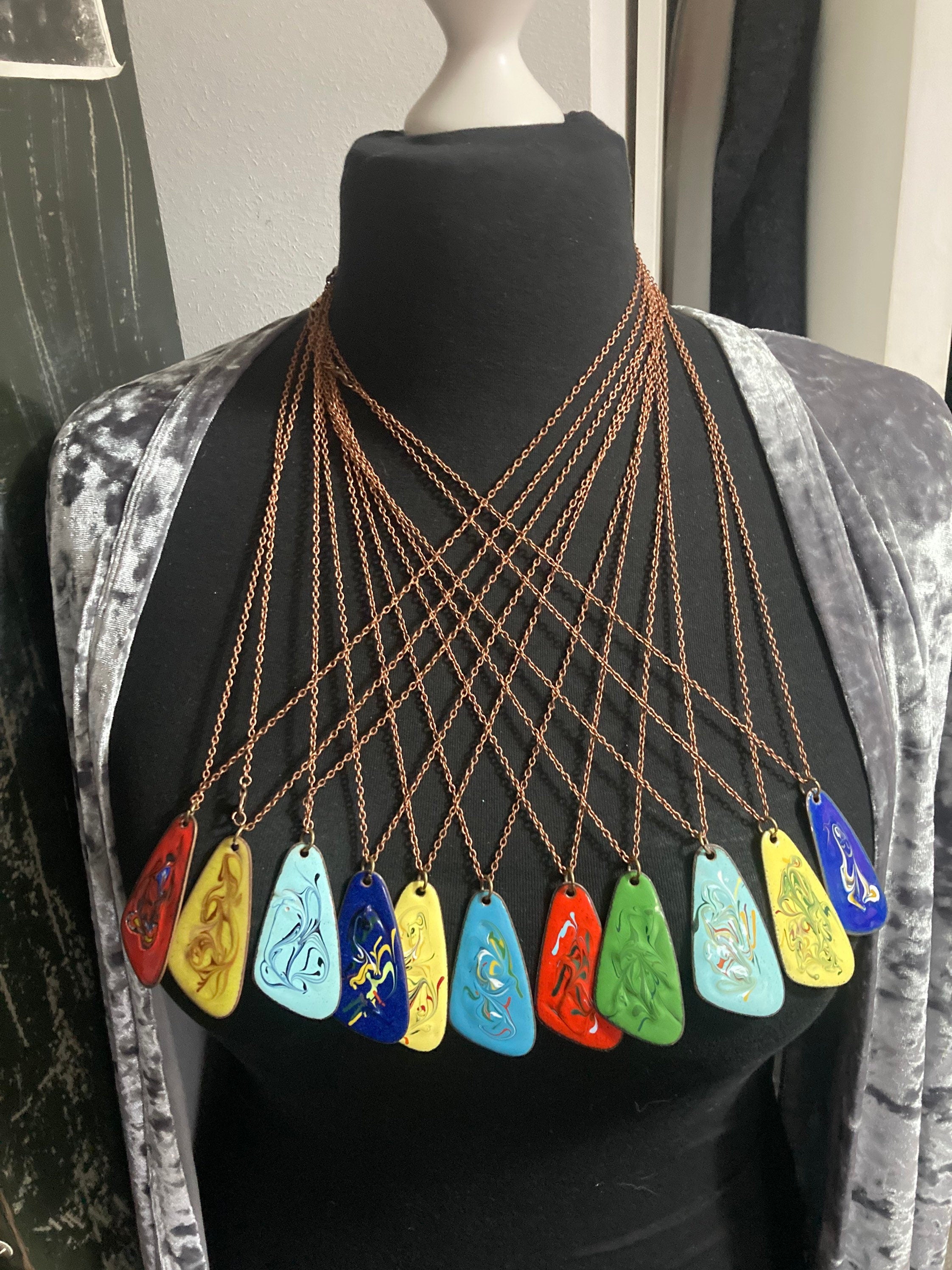 1970s Enamel Pendant Necklace: Turquoise Blue Copper Tone Chain