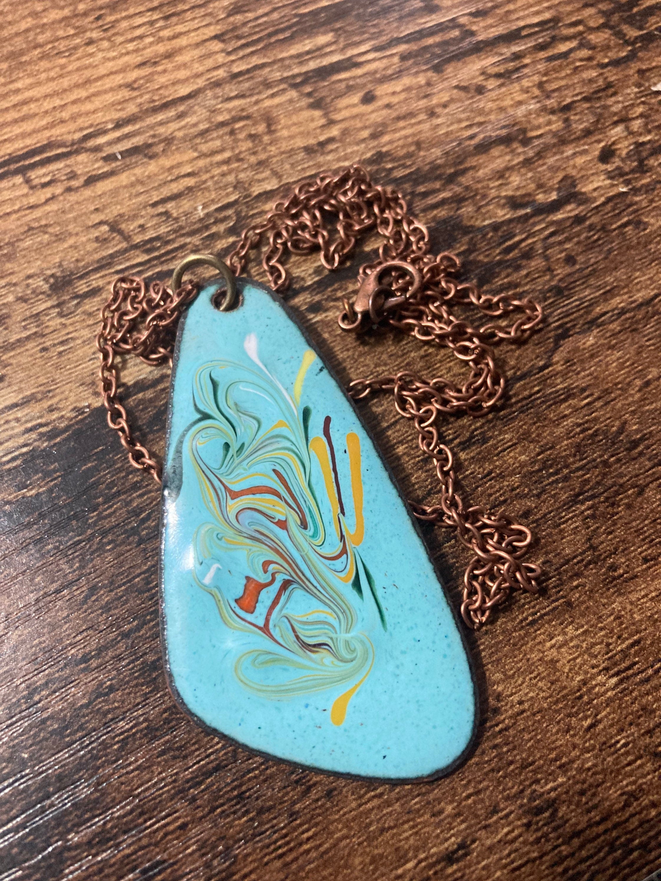 1970s Enamel Pendant Necklace: Turquoise Blue Copper Tone Chain