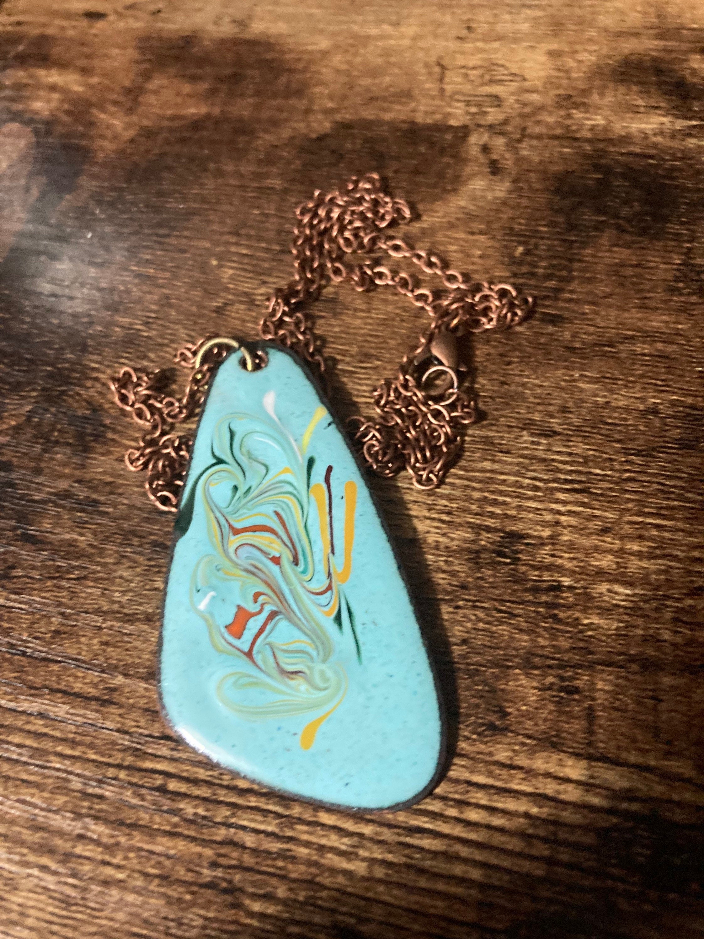 1970s Enamel Pendant Necklace: Turquoise Blue Copper Chain
