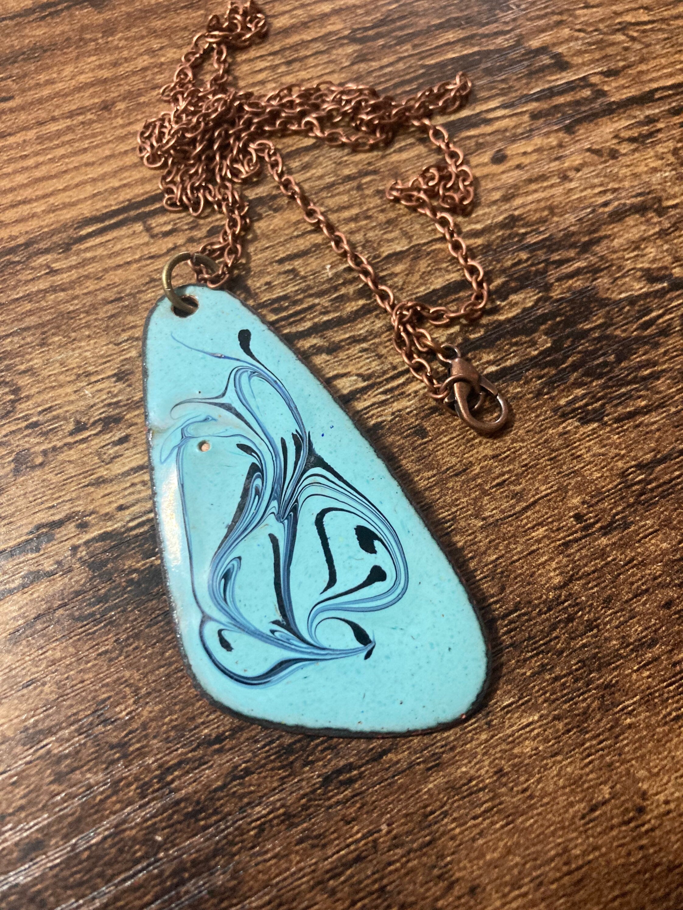 1970s Enamel Pendant Necklace: Turquoise Blue Copper Tone Chain