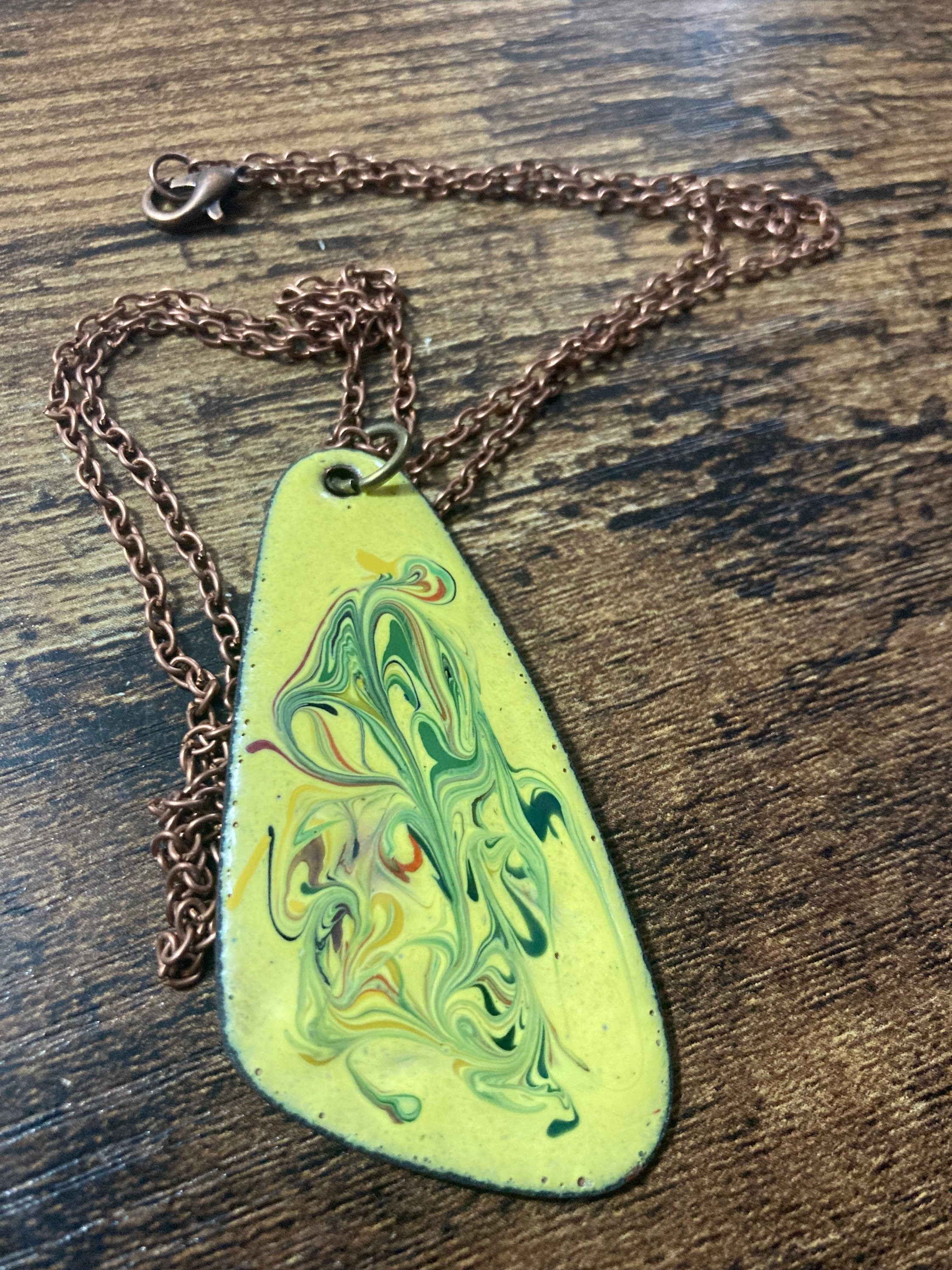 1970s Yellow Enamel Pendant Necklace: Copper Tone Chain