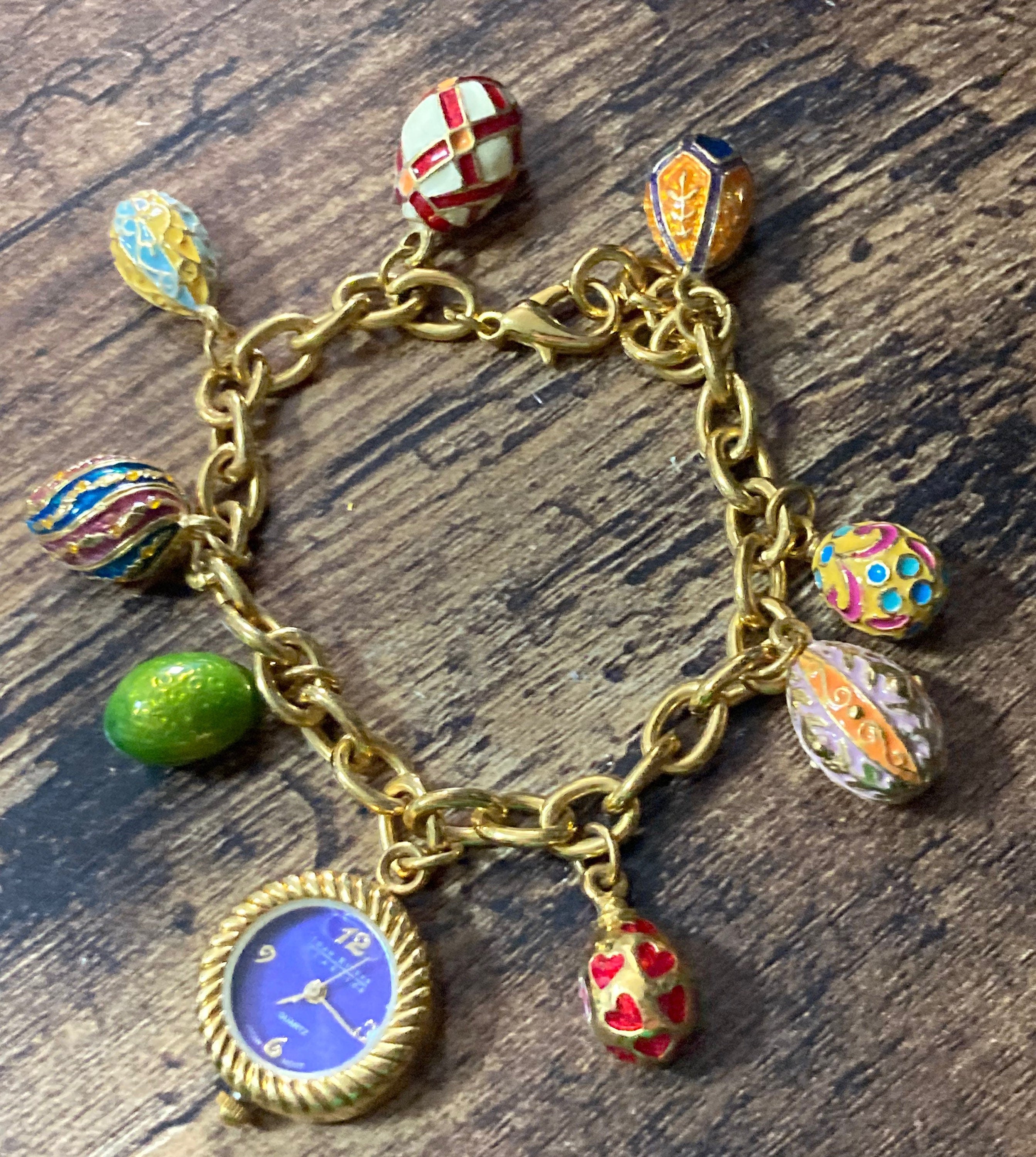 Signed Joan rivers faberge style enamelled jewelled egg charm watch bracelet 20cm