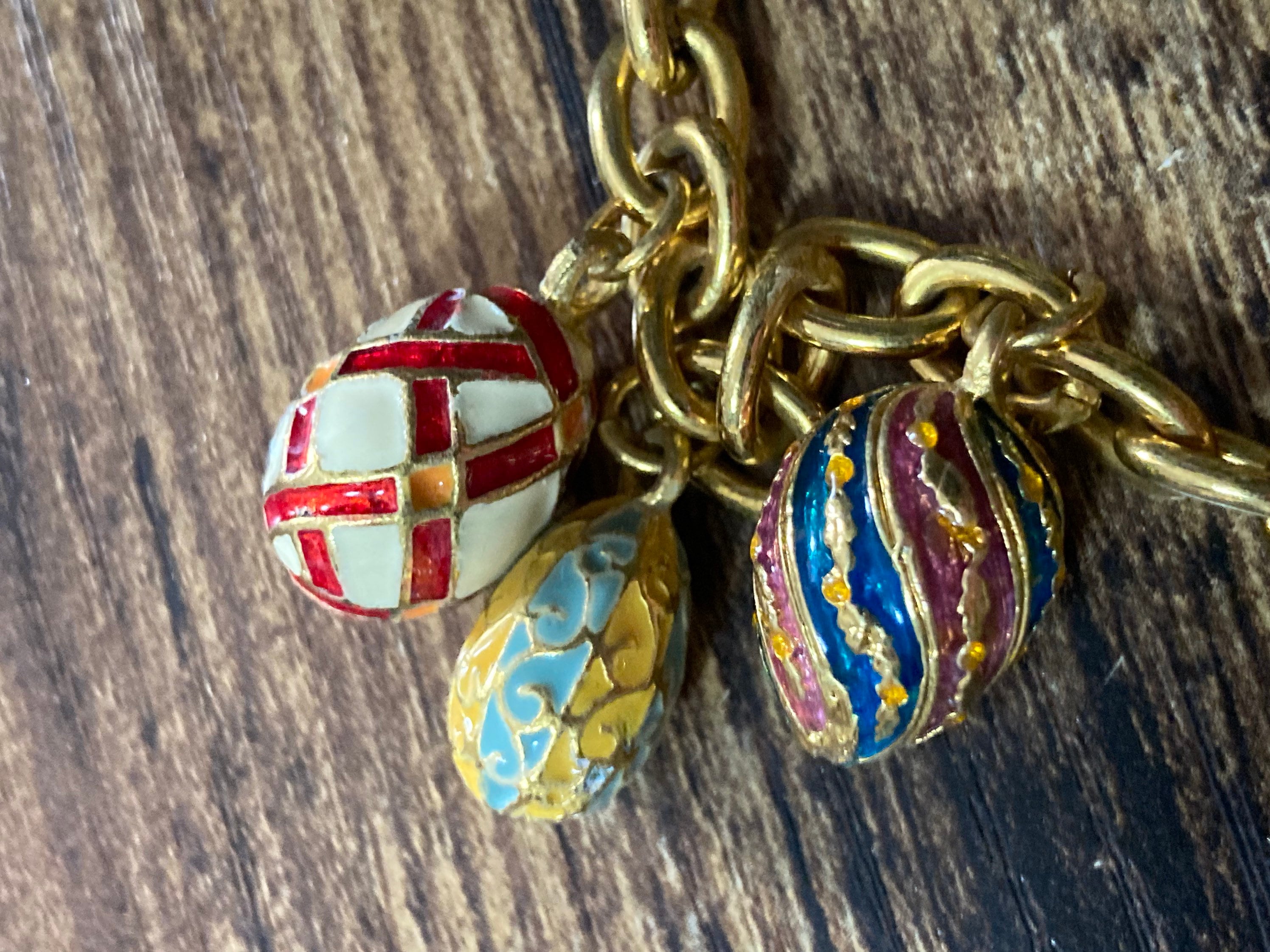 Signed Joan rivers faberge style enamelled jewelled egg charm watch bracelet 20cm