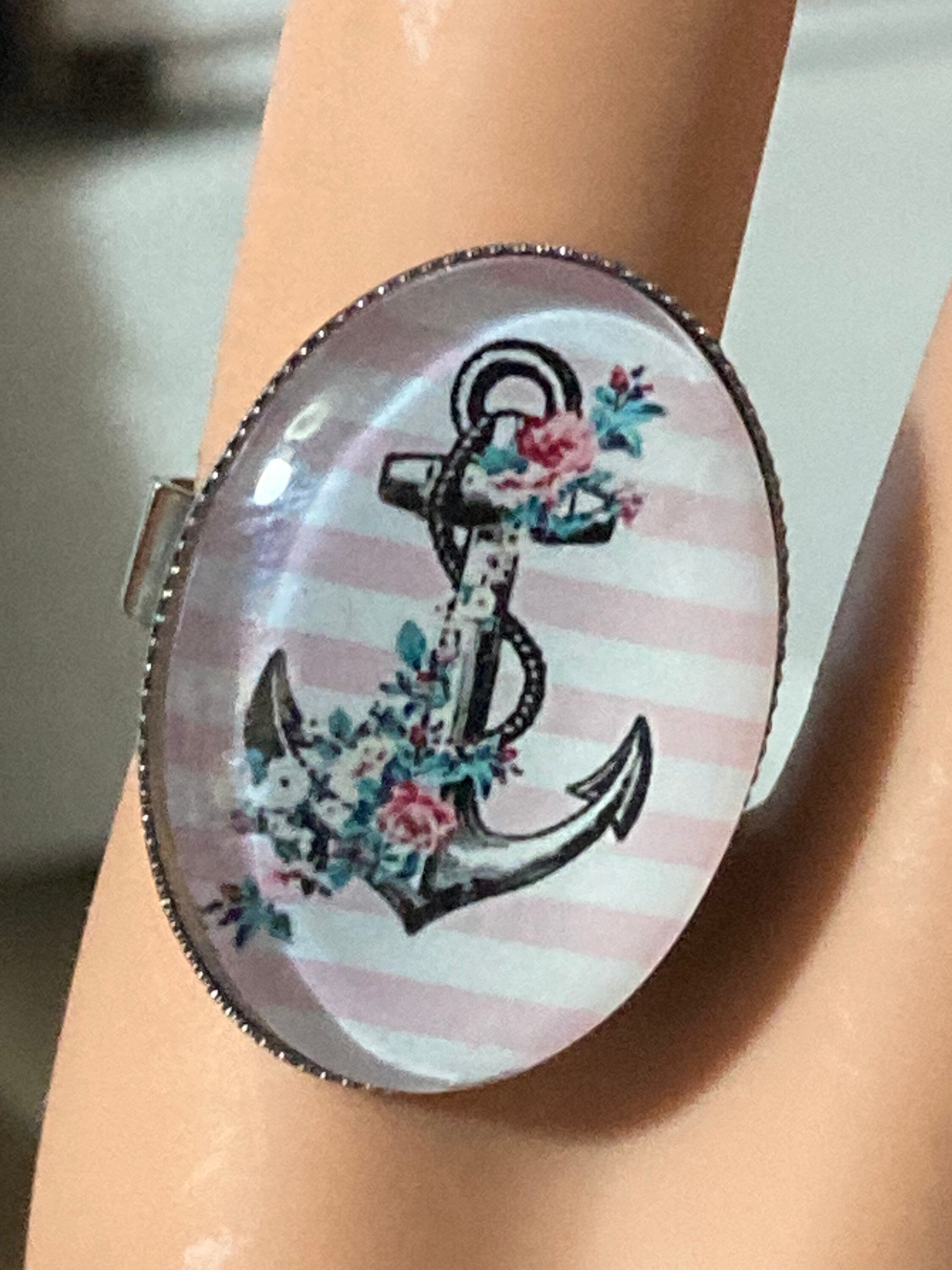 Oversized nautical anchor ring 25mm stainless steel oval glass cabochon adjustable