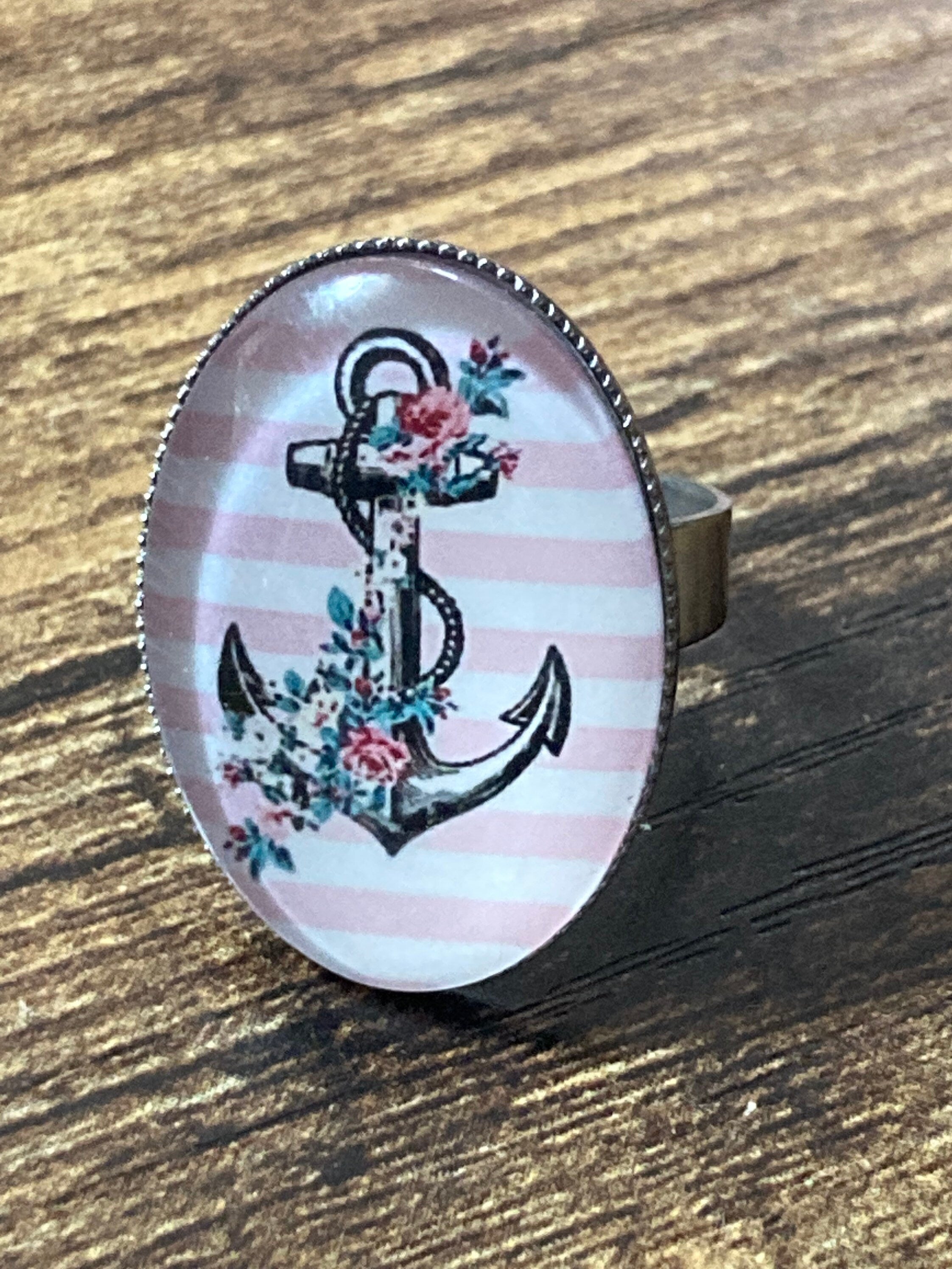 Oversized nautical anchor ring 25mm stainless steel oval glass cabochon adjustable