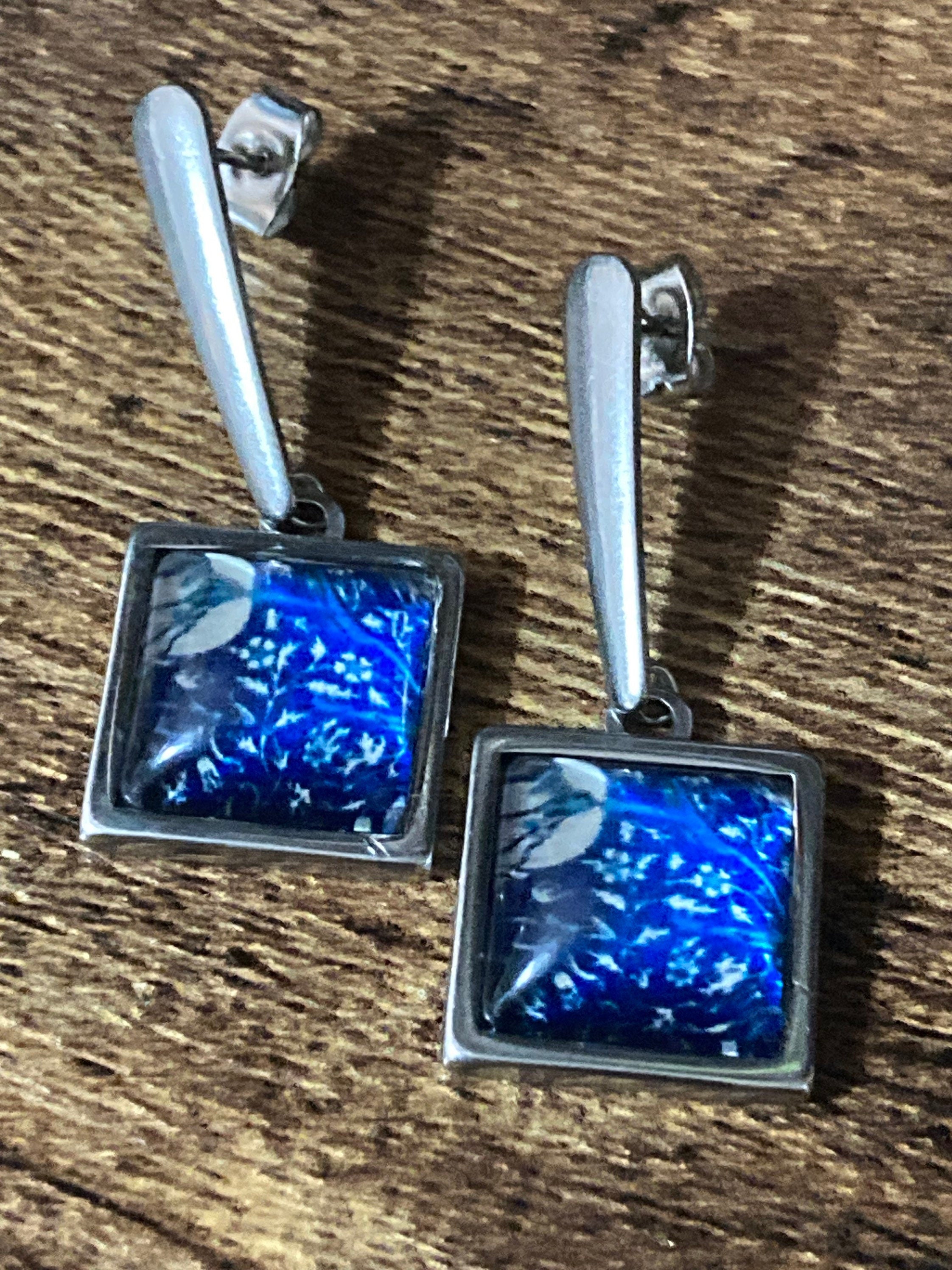 William Morris print earrings square glass cabochon drops blue