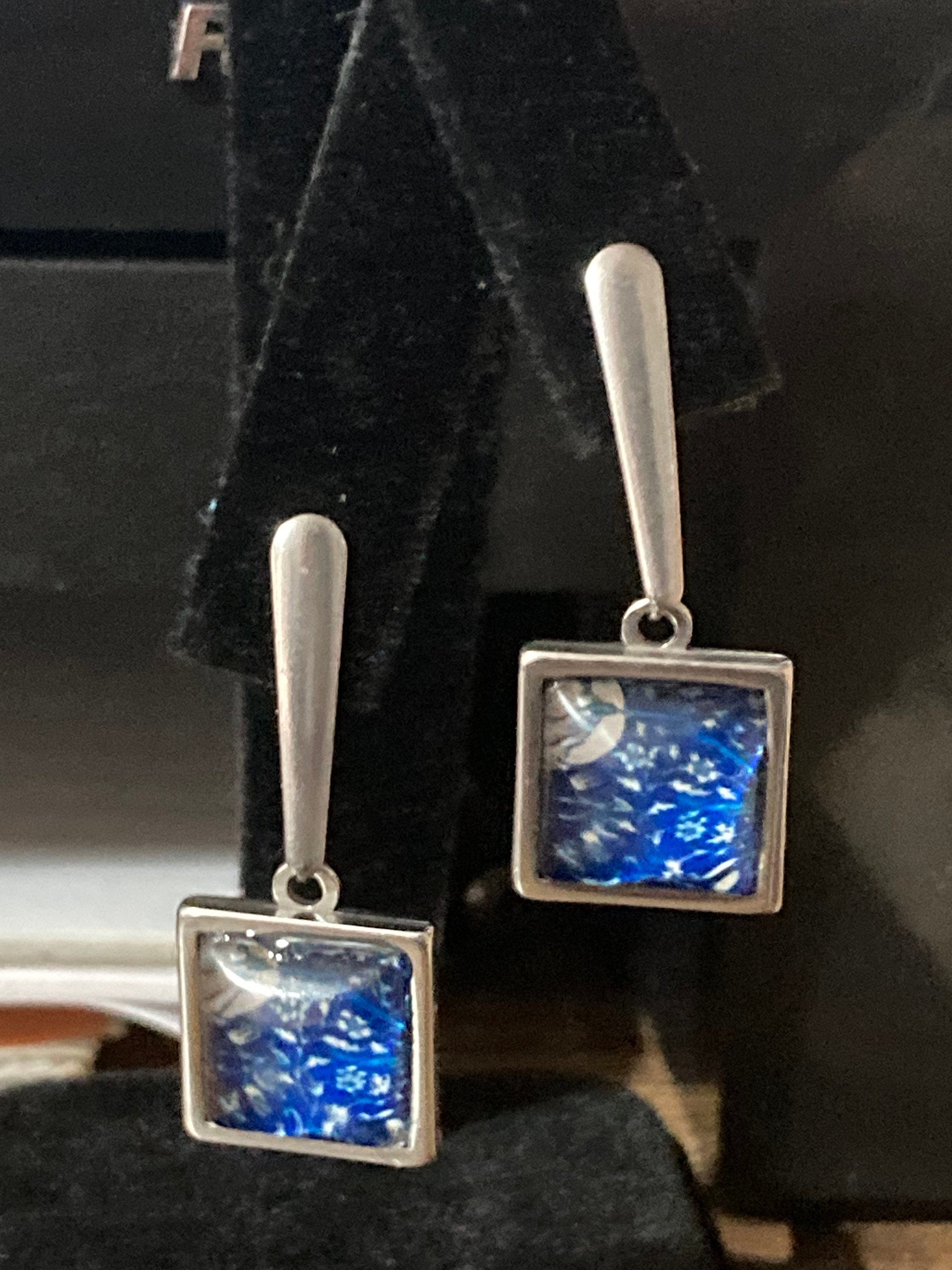 William Morris print earrings square glass cabochon drops blue