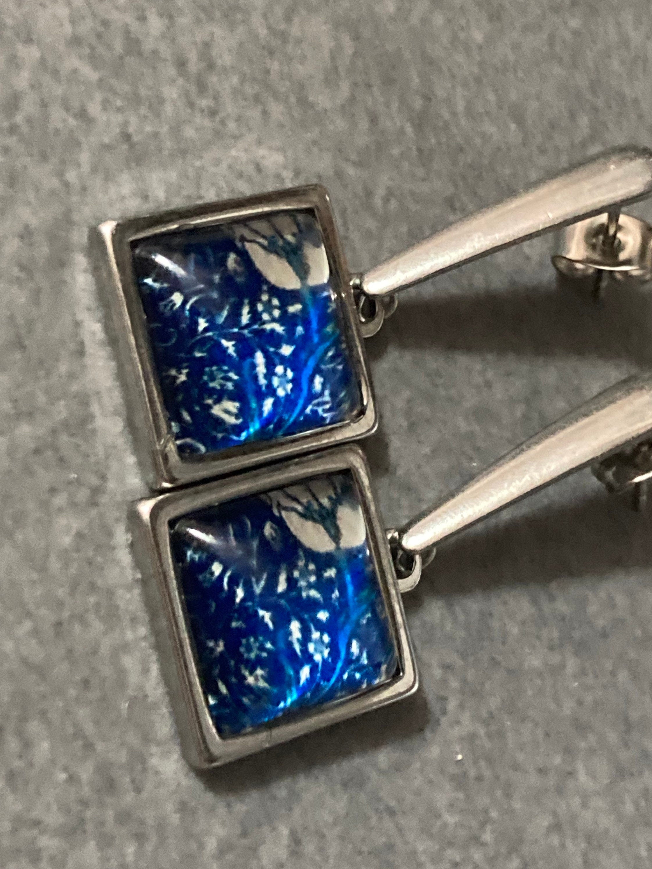William Morris print earrings square glass cabochon drops blue