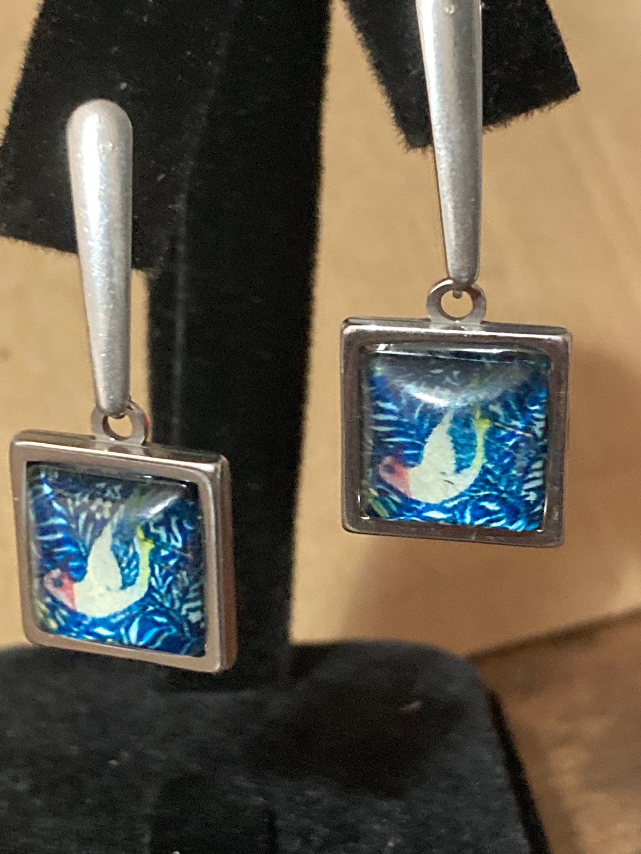 bird earrings square glass cabochon drops blue William Morris style design