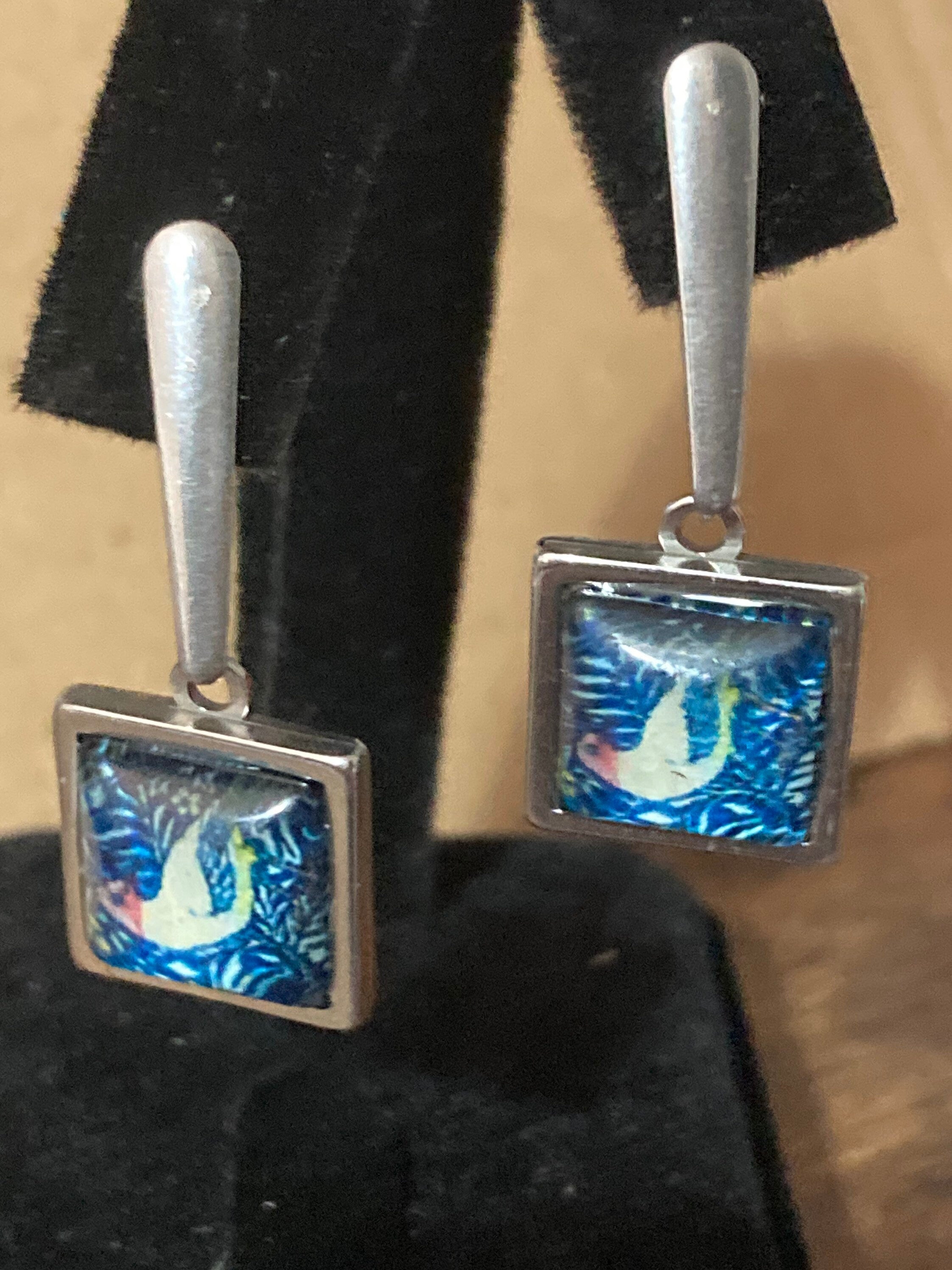 bird earrings square glass cabochon drops blue William Morris style design