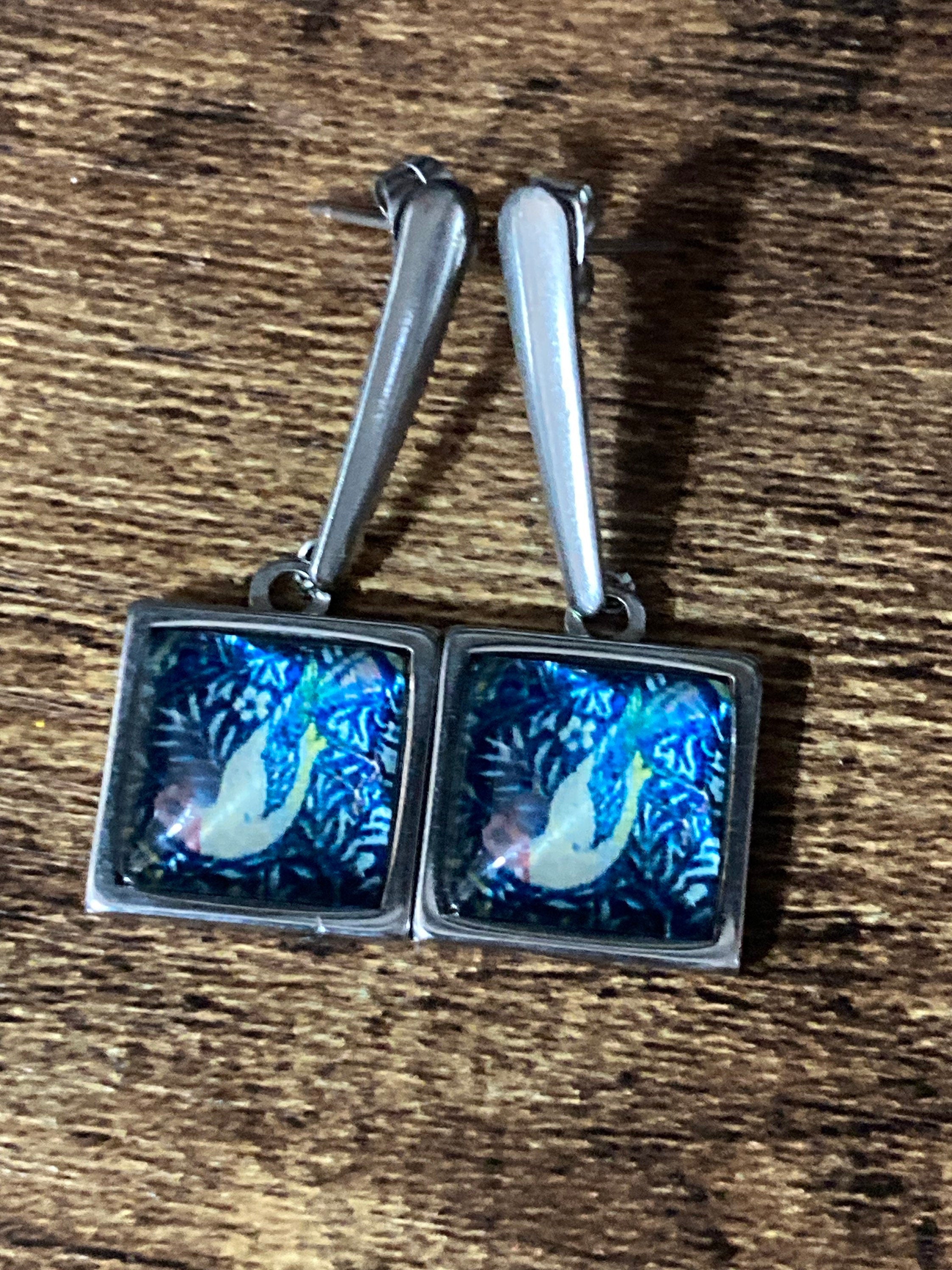 bird earrings square glass cabochon drops blue William Morris style design