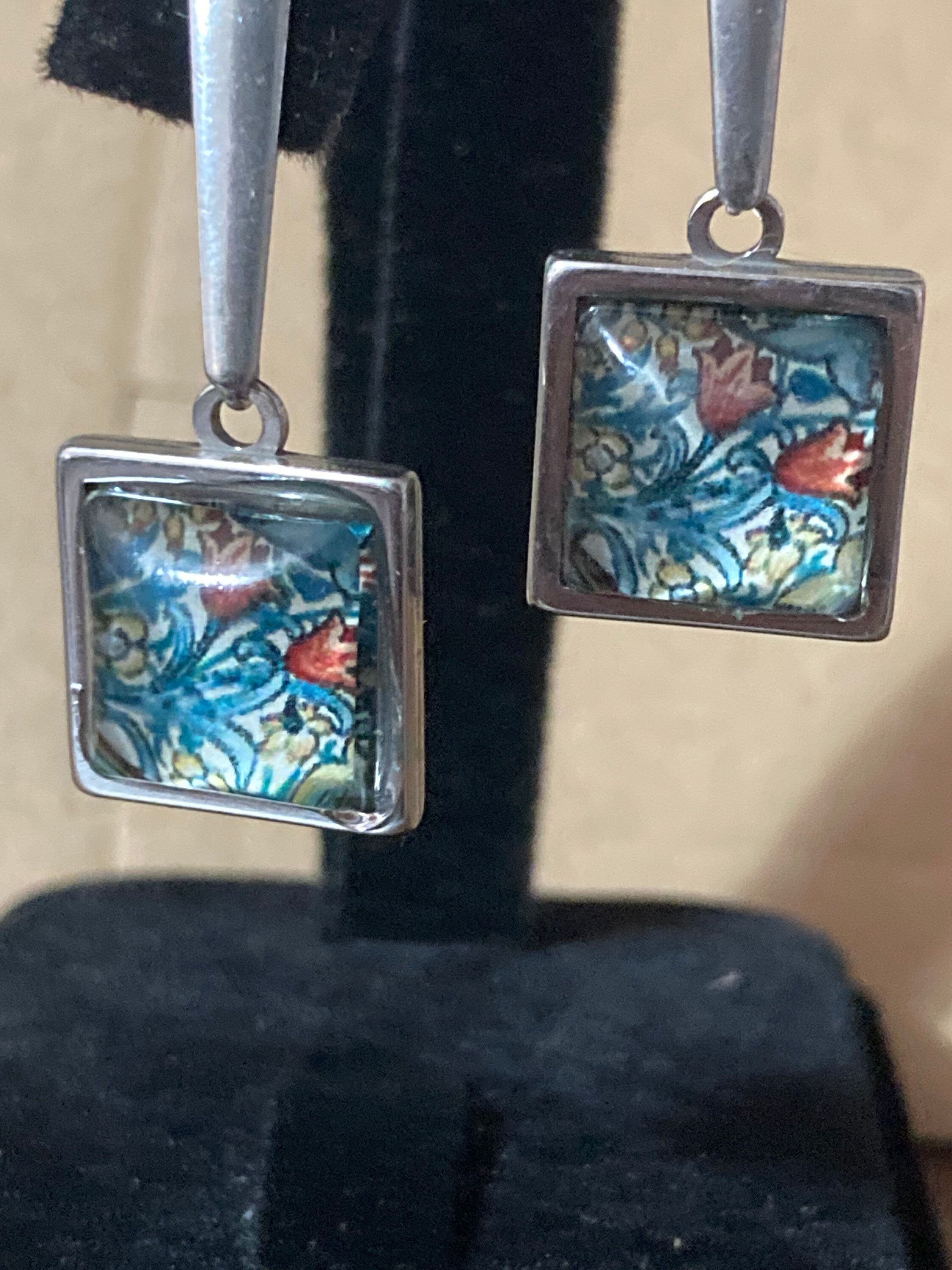 William Morris print earrings square glass cabochon drop silver blue orange tulips