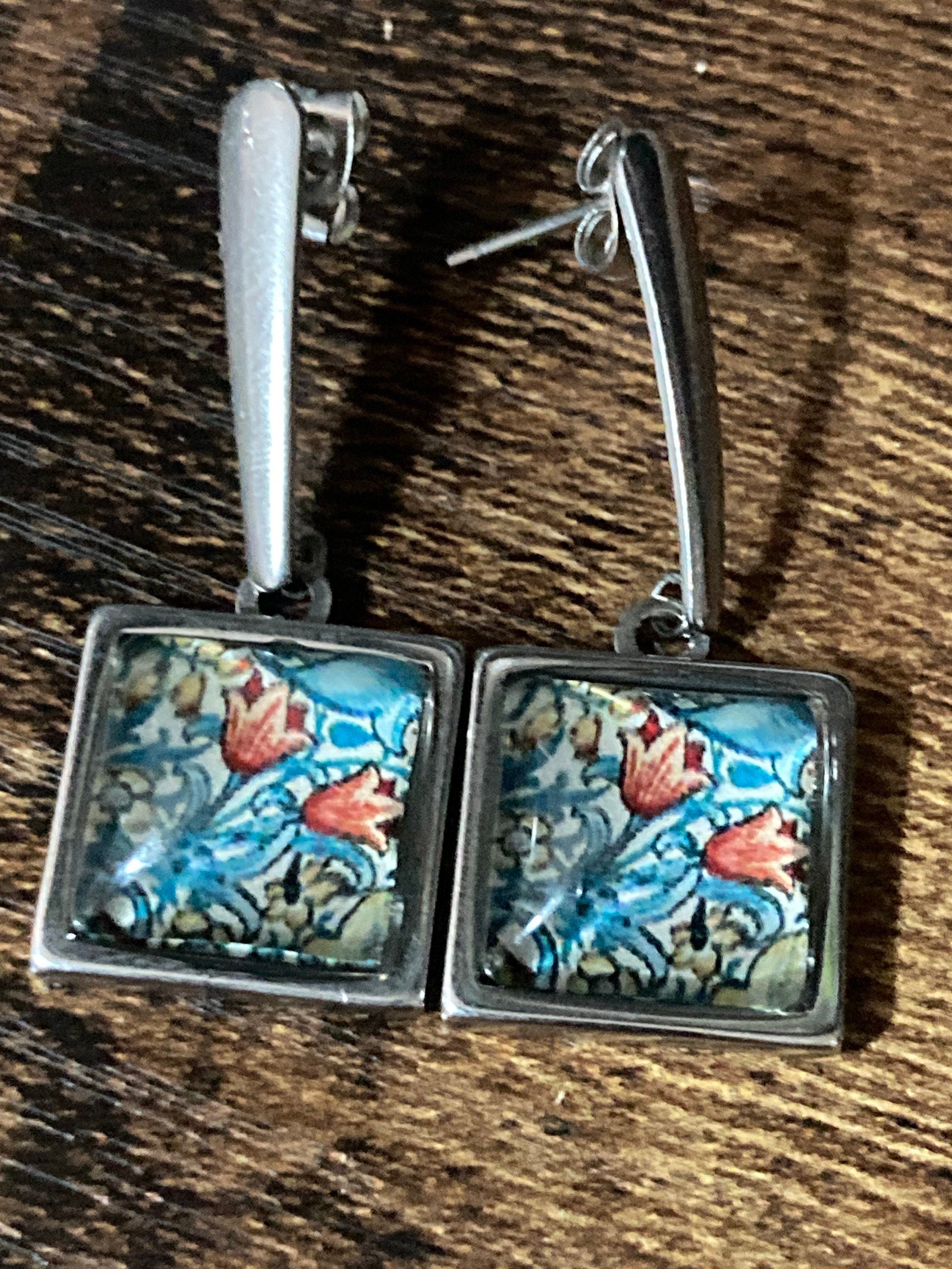 William Morris print earrings square glass cabochon drop silver blue orange tulips