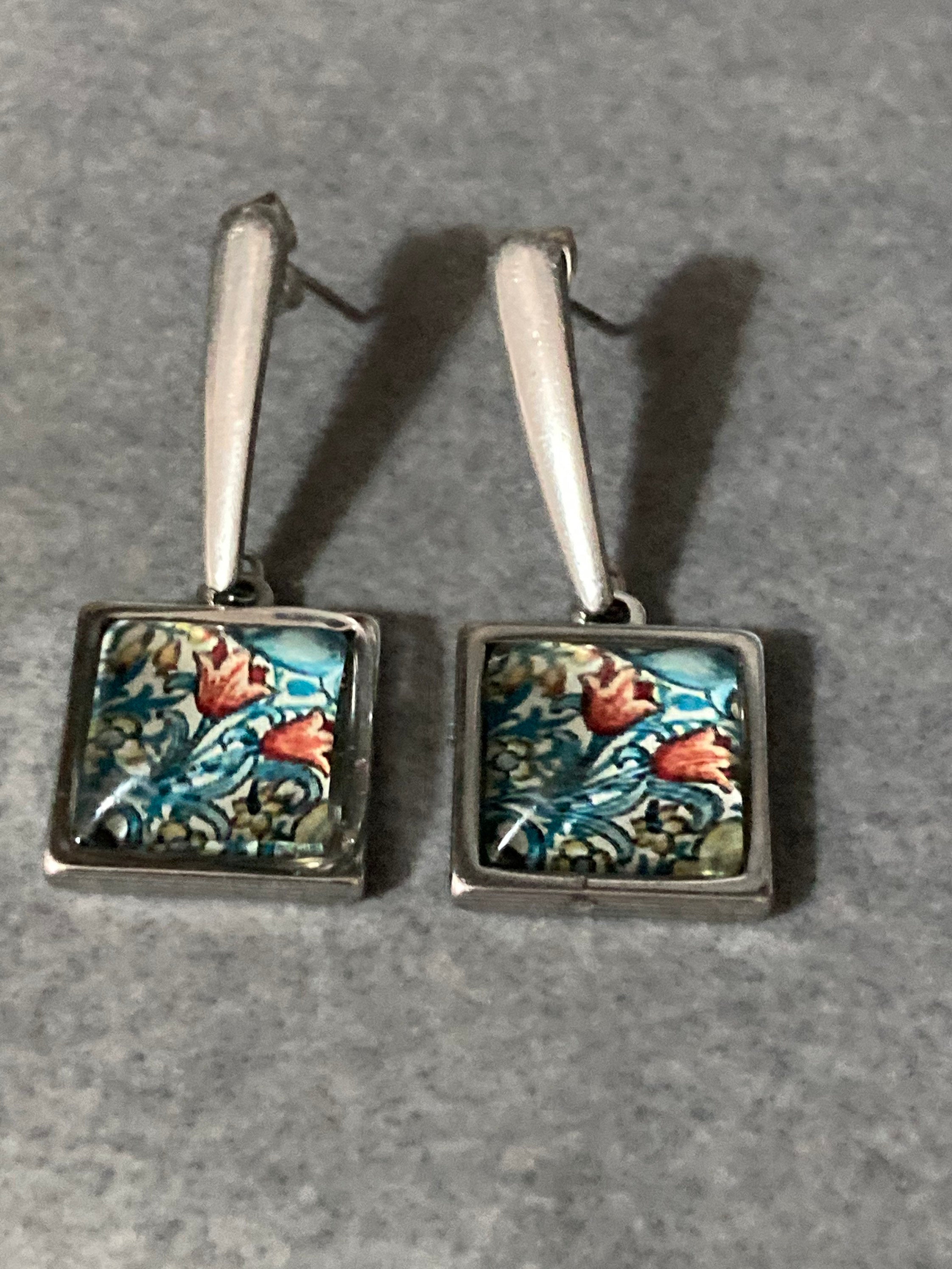 William Morris print earrings square glass cabochon drop silver blue orange tulips