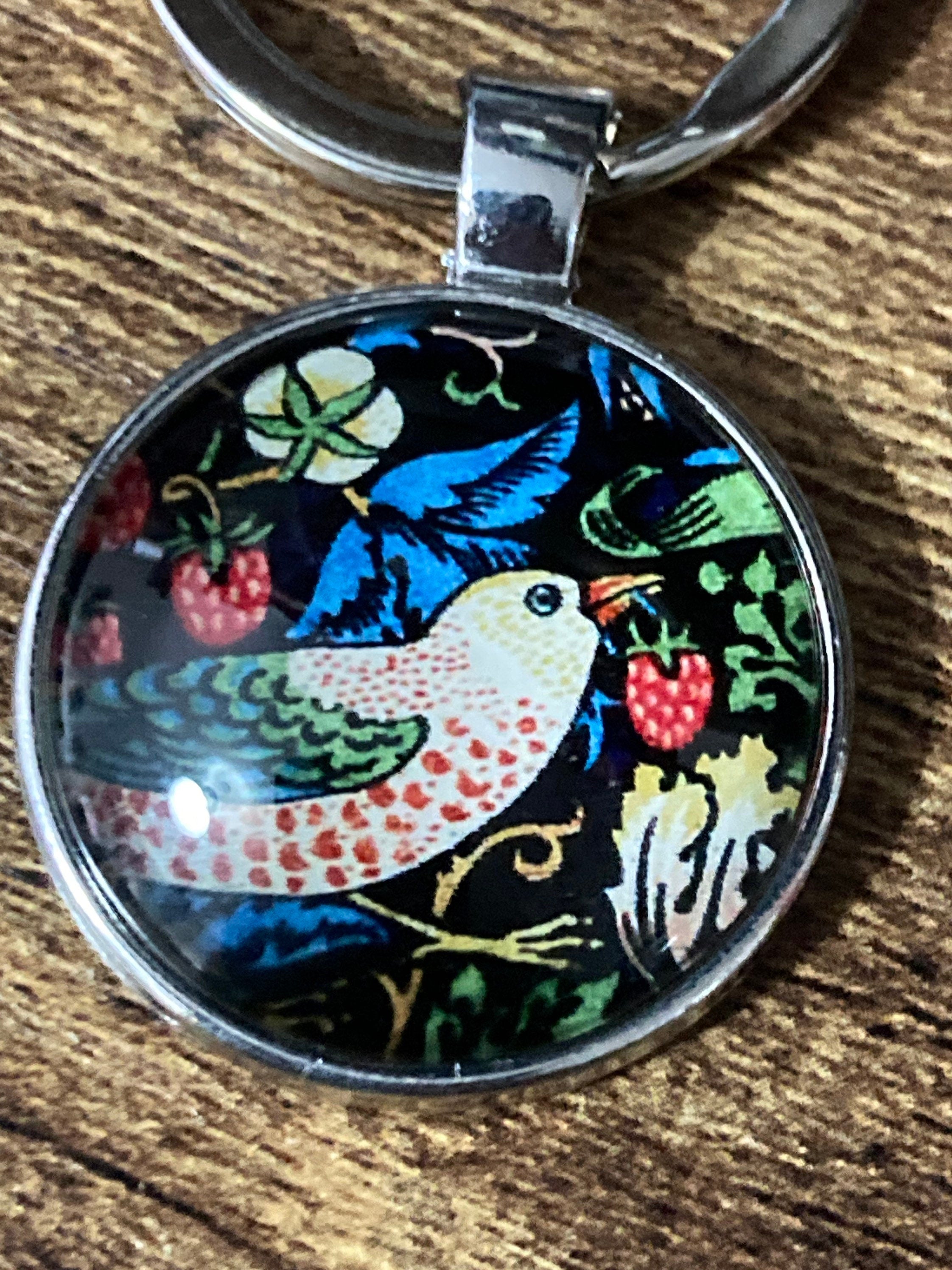 William Morris strawberry thief glass keyring silver tone