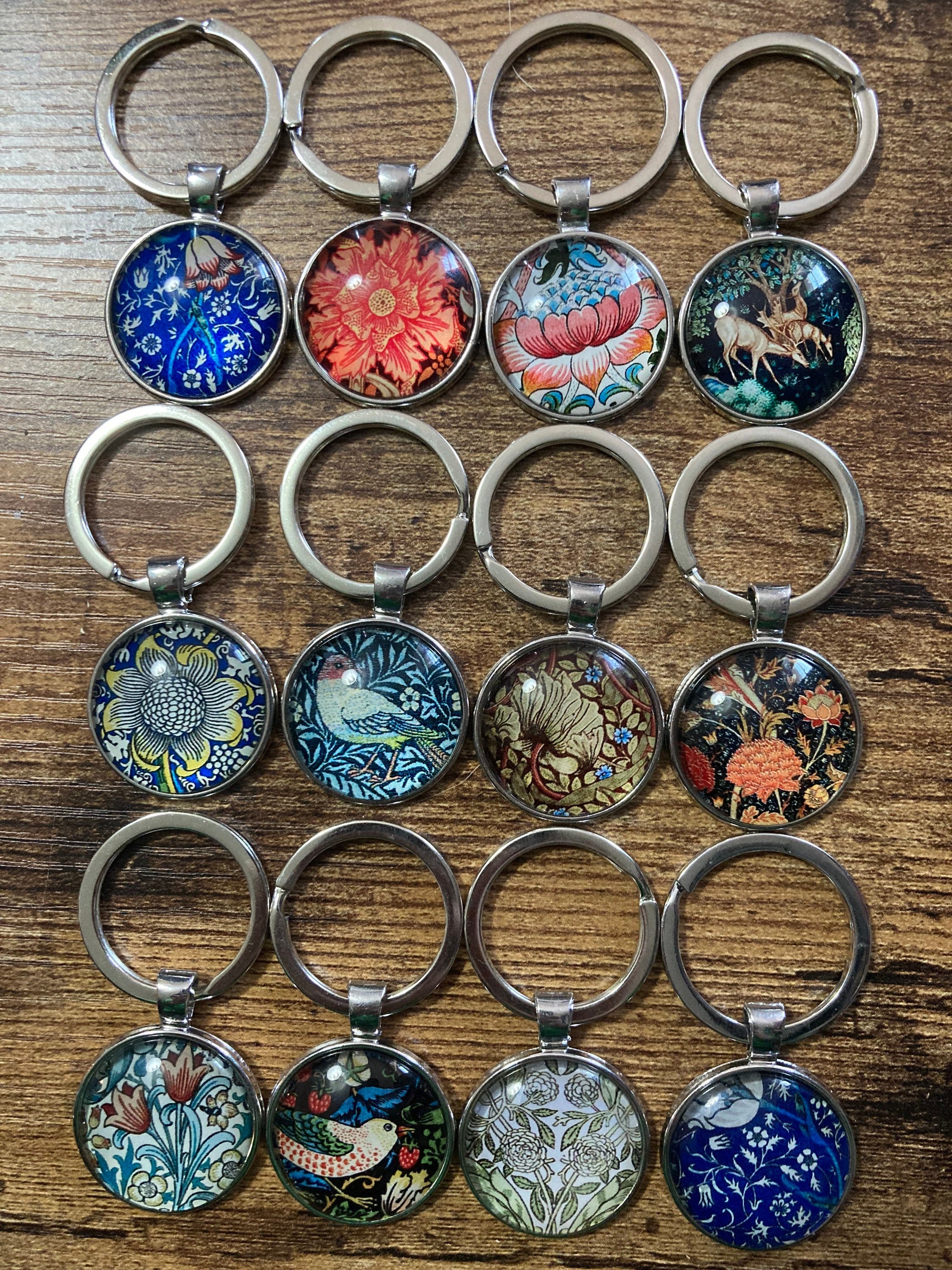 William Morris strawberry thief glass keyring silver tone