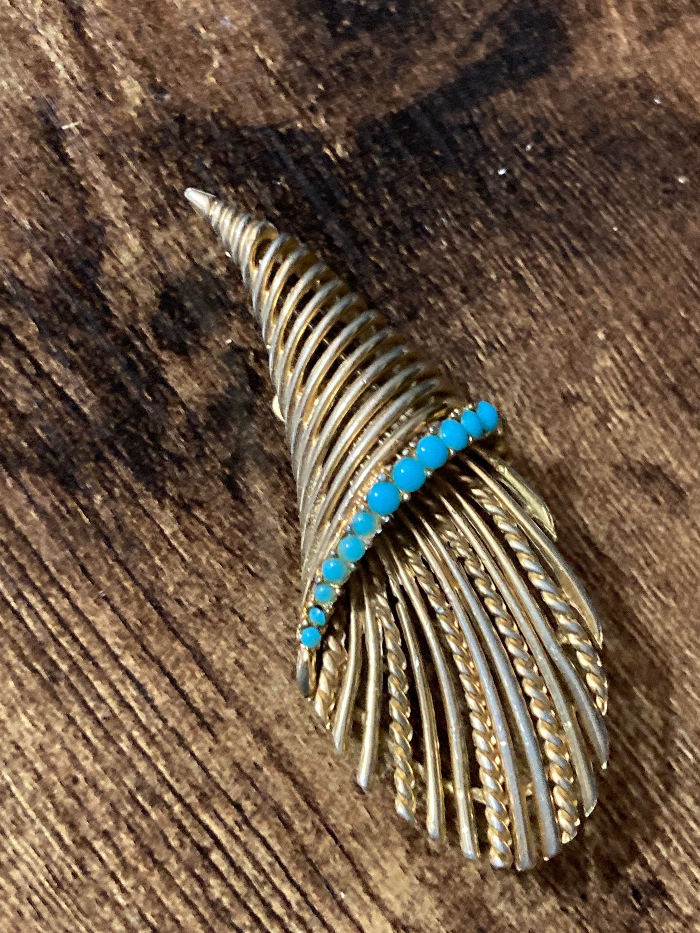 gold tone turquoise beaded abstract wheat basket brooch 1960s vintage modernist mid century