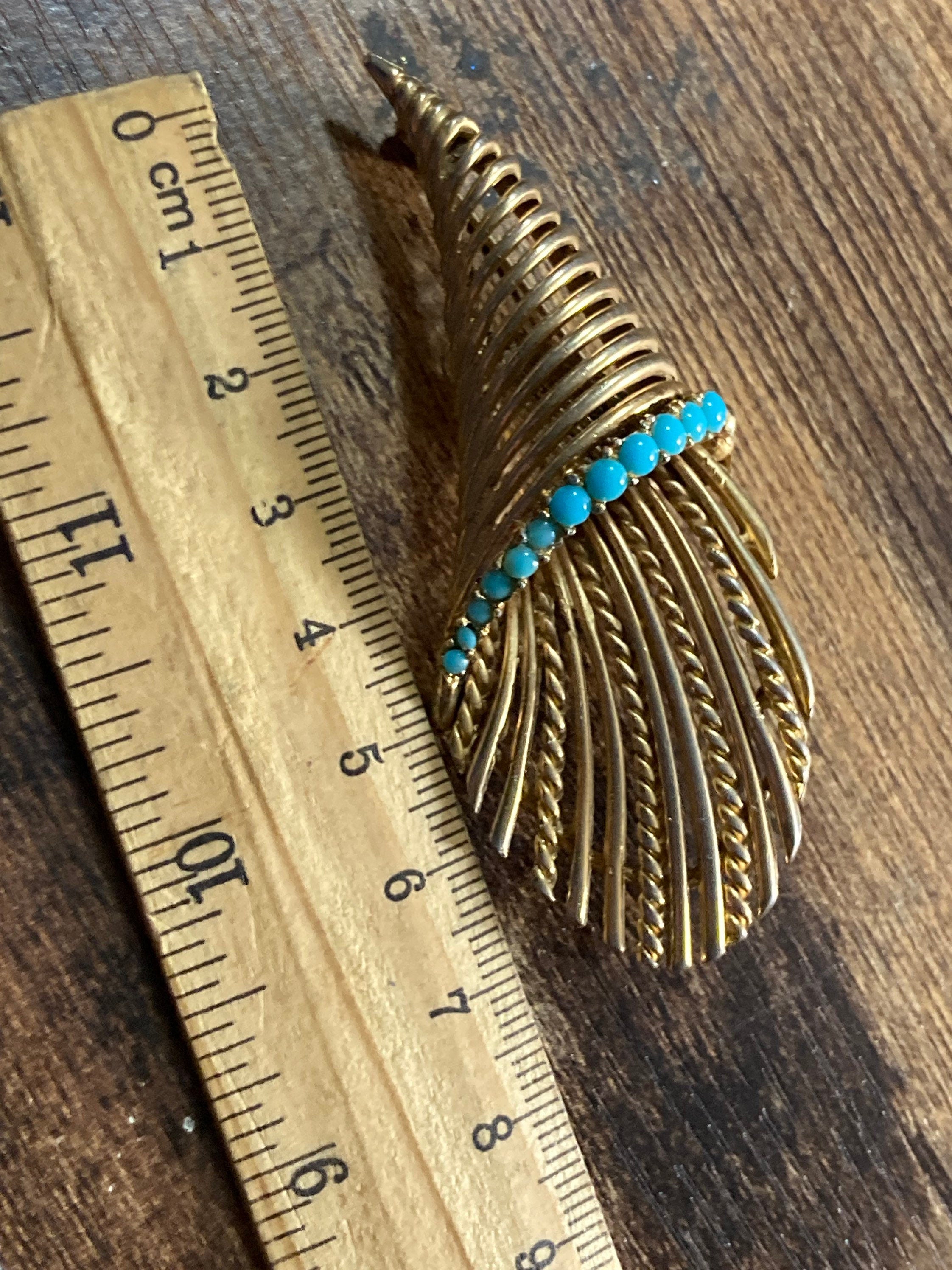 gold tone turquoise beaded abstract wheat basket brooch 1960s vintage modernist mid century