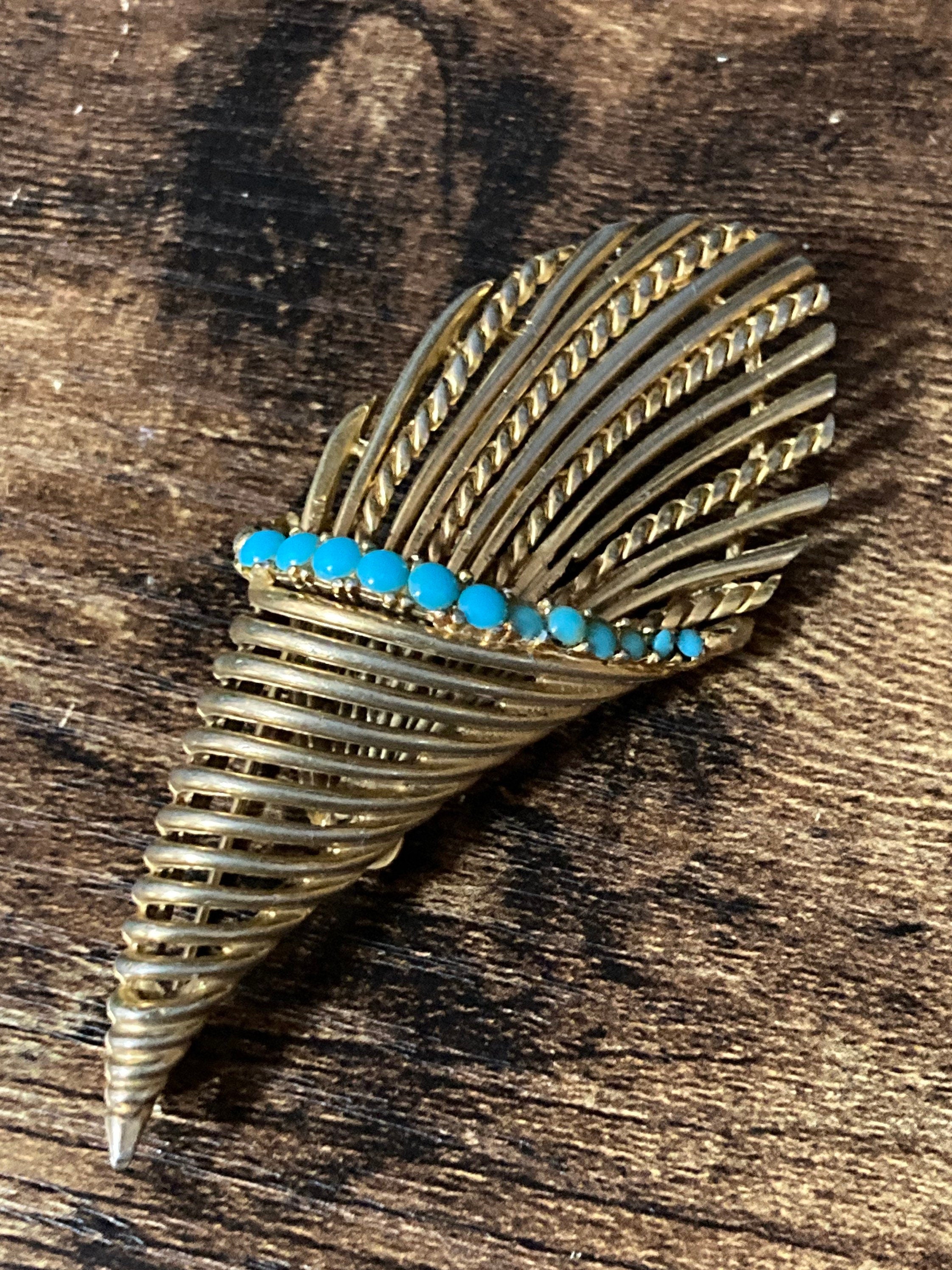 gold tone turquoise beaded abstract wheat basket brooch 1960s vintage modernist mid century