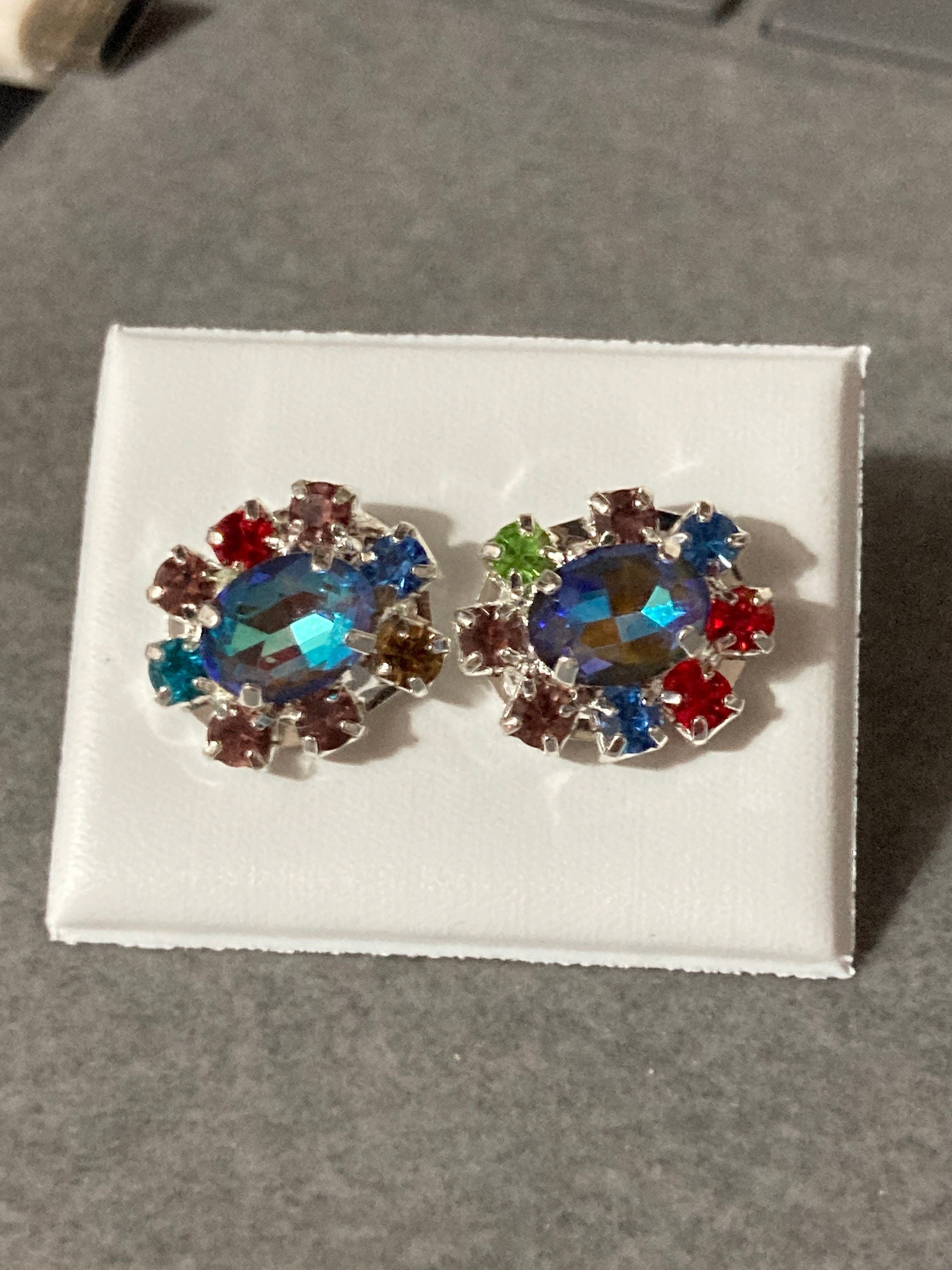 Retro diamanté earrings rhinestone sapphire blue and rainbow glass silver plated stud