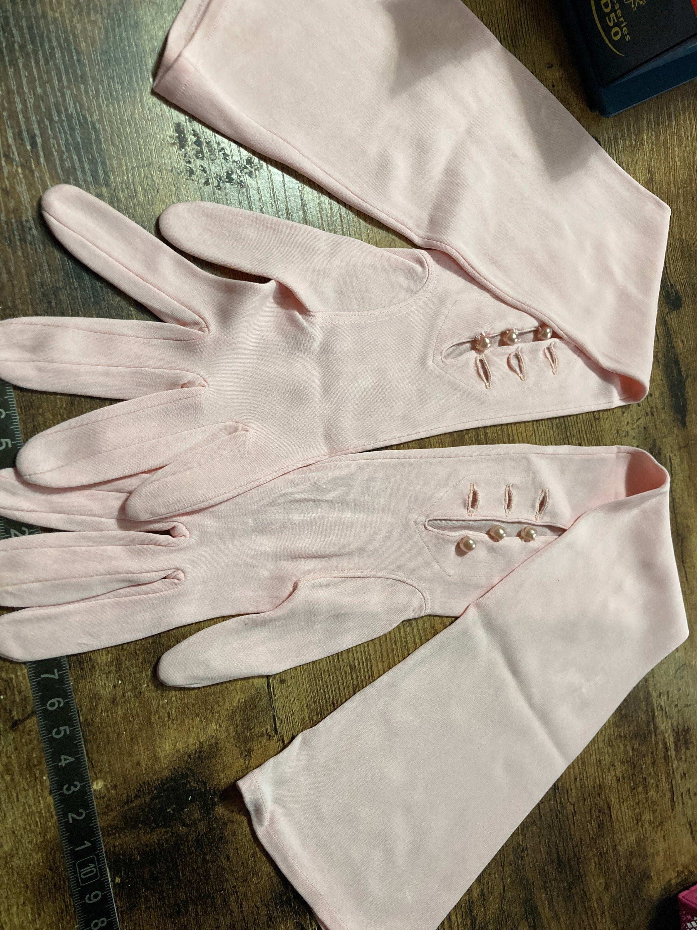 Pastel Pink Opera Gloves: Vintage Evening Wear, Button Detail
