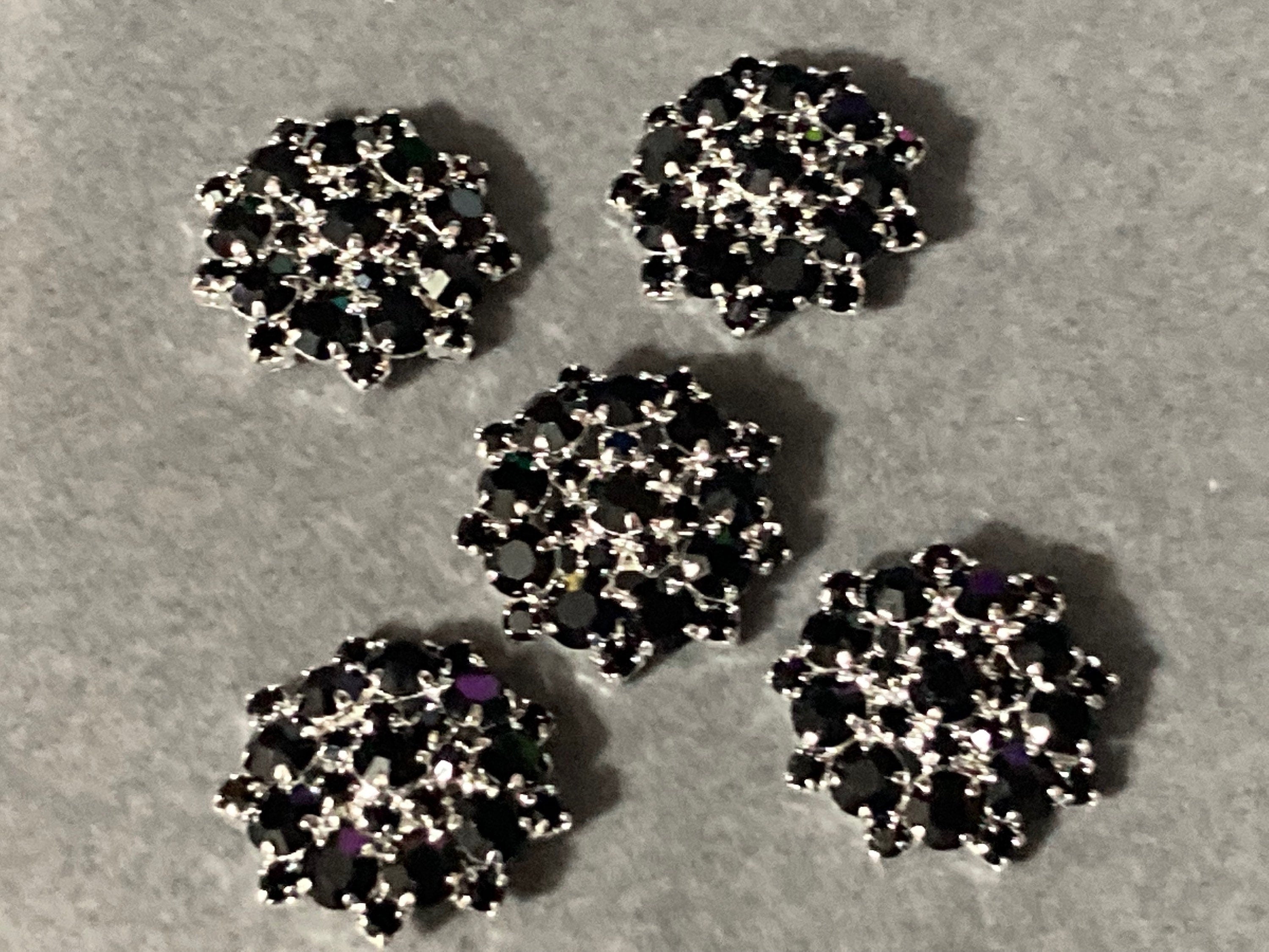 22mm black glass crystal paste buttons, silver tone metal shank Pack of 5