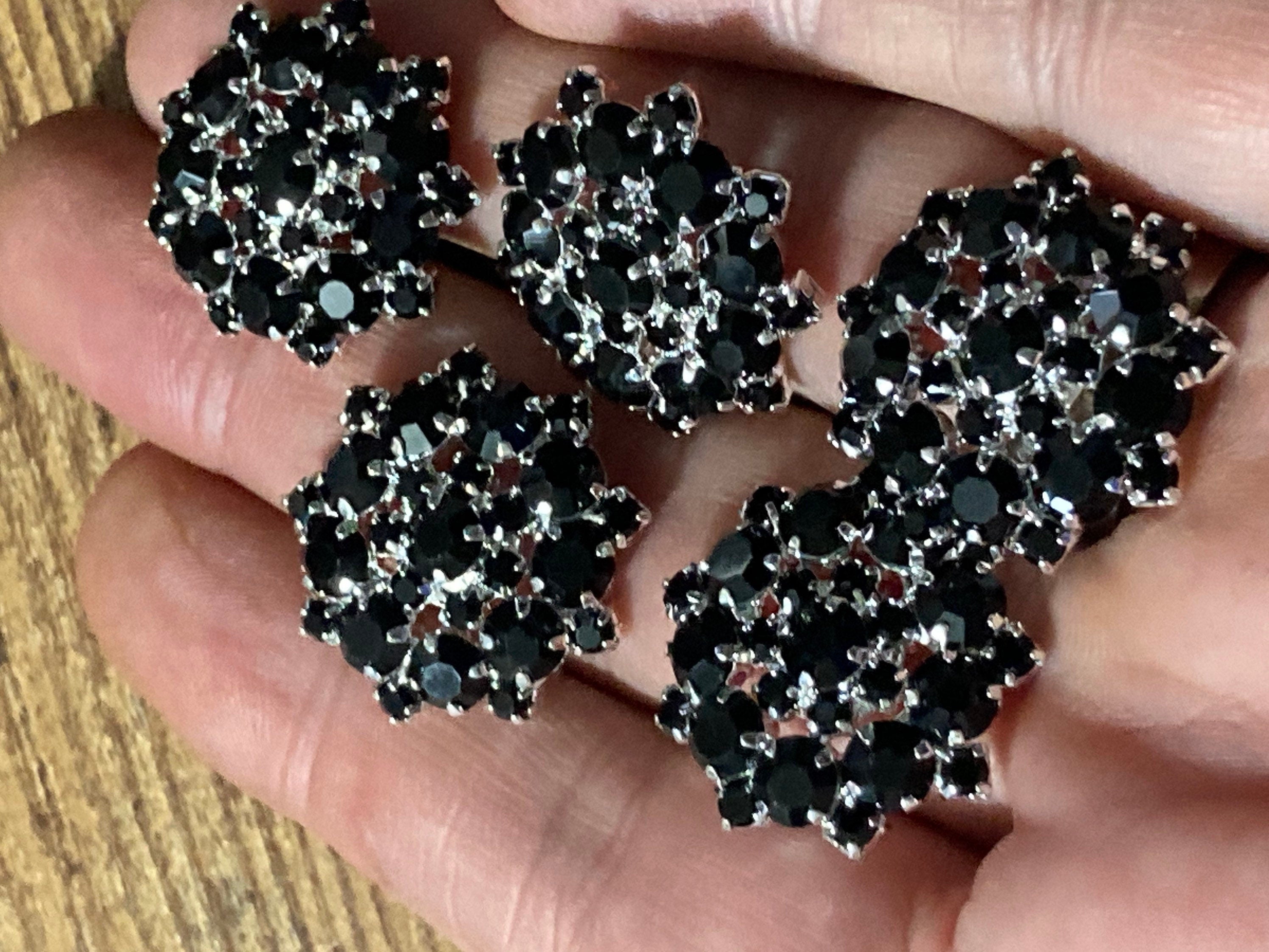 22mm black glass crystal paste buttons, silver tone metal shank Pack of 5