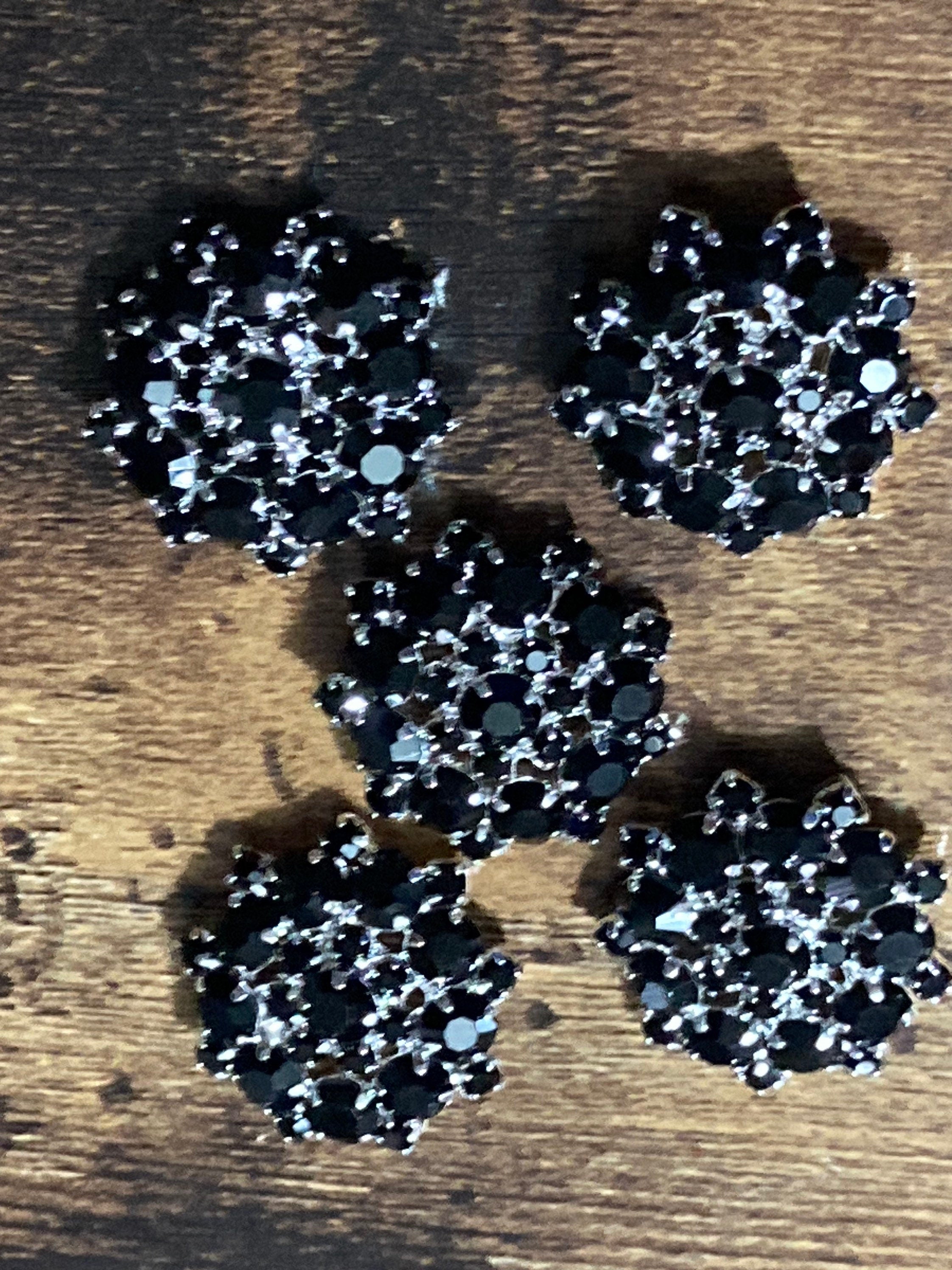 22mm black glass crystal paste buttons, silver tone metal shank Pack of 5