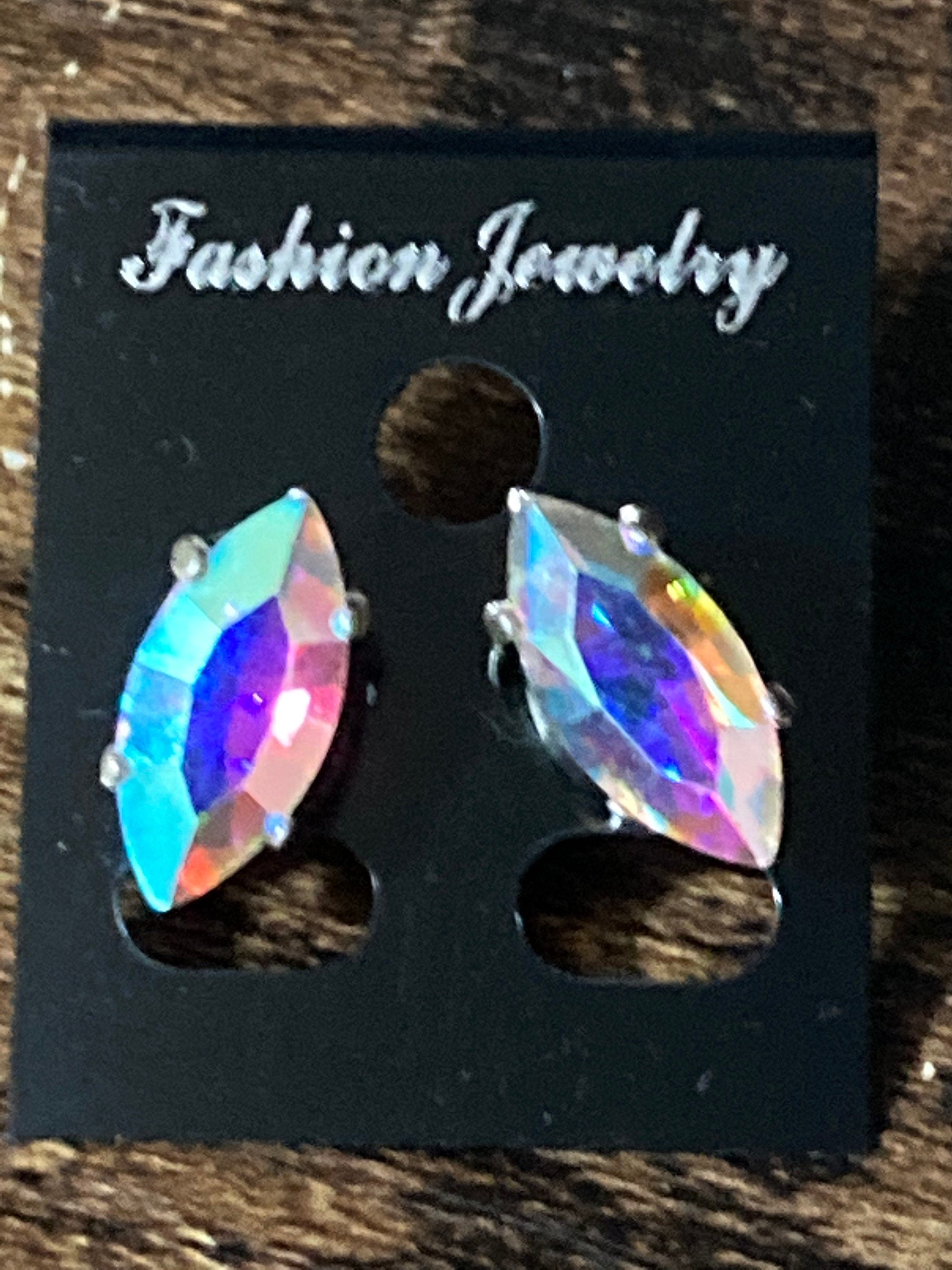 AB Aurora borealis diamanté silver navette crystal earrings pierced