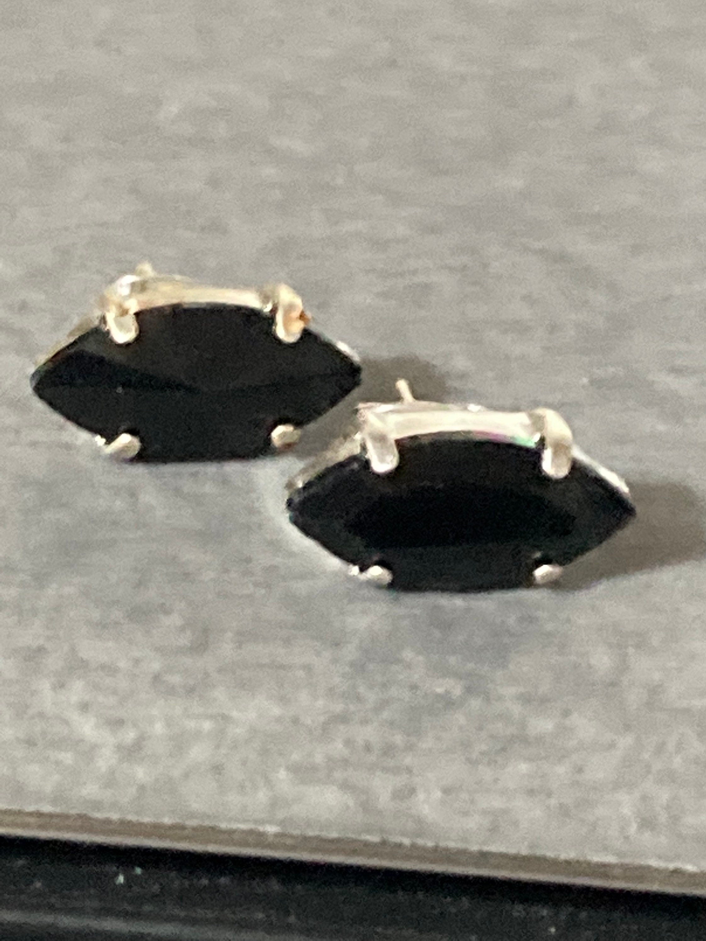 Black glass navette crystal earrings pierced 15mm