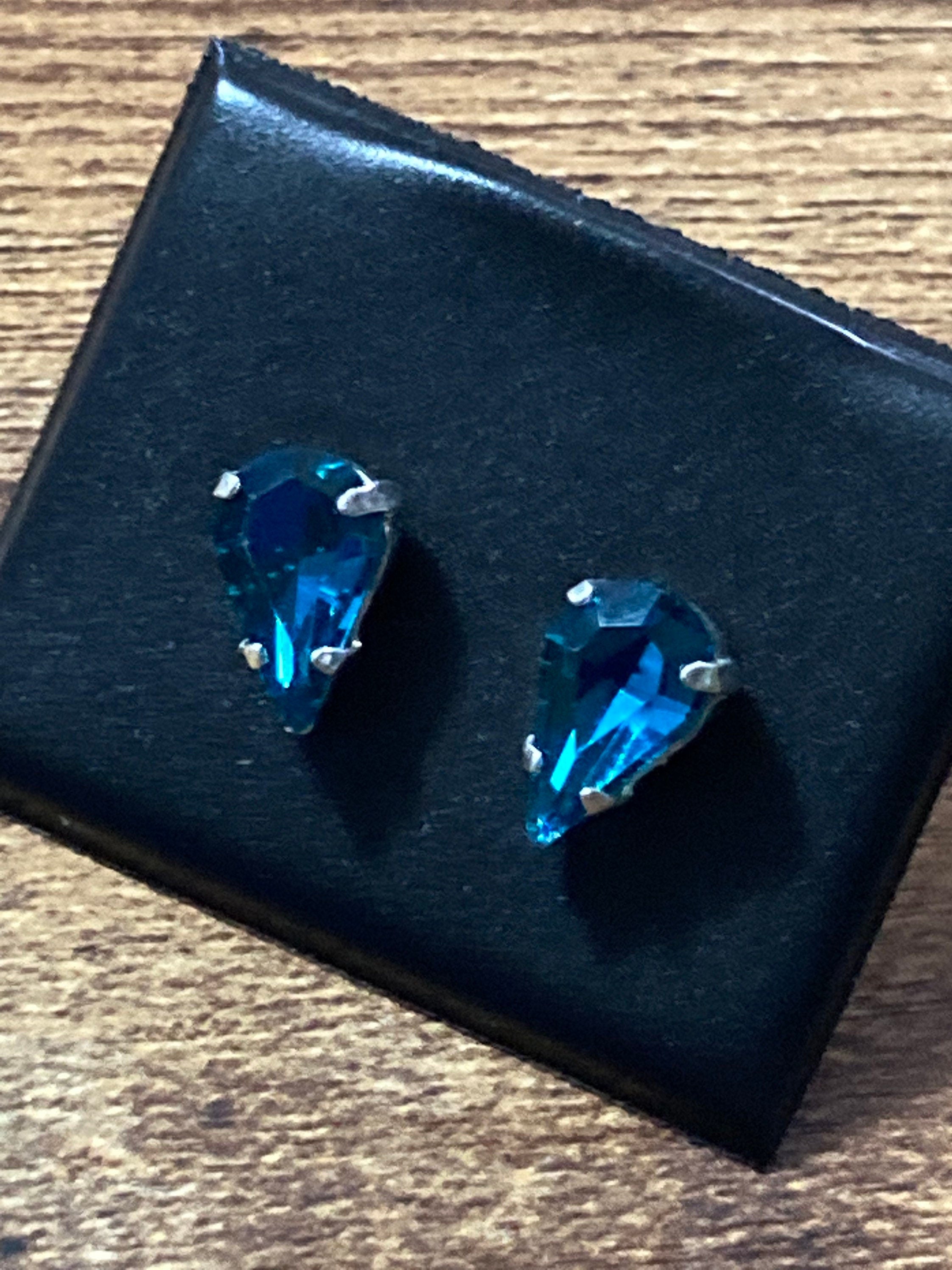 DARK TURQUOISE silver plated teardrop crystal earrings pierced 15mm